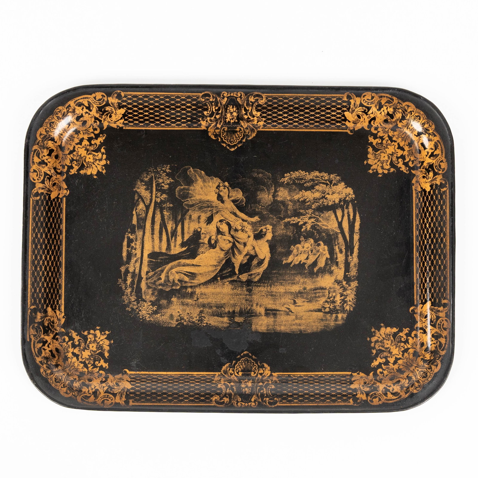 A Napoleon III serving tray with gold decoration of Diana and her Nymphs, black lacquered metal, (1 of 4)