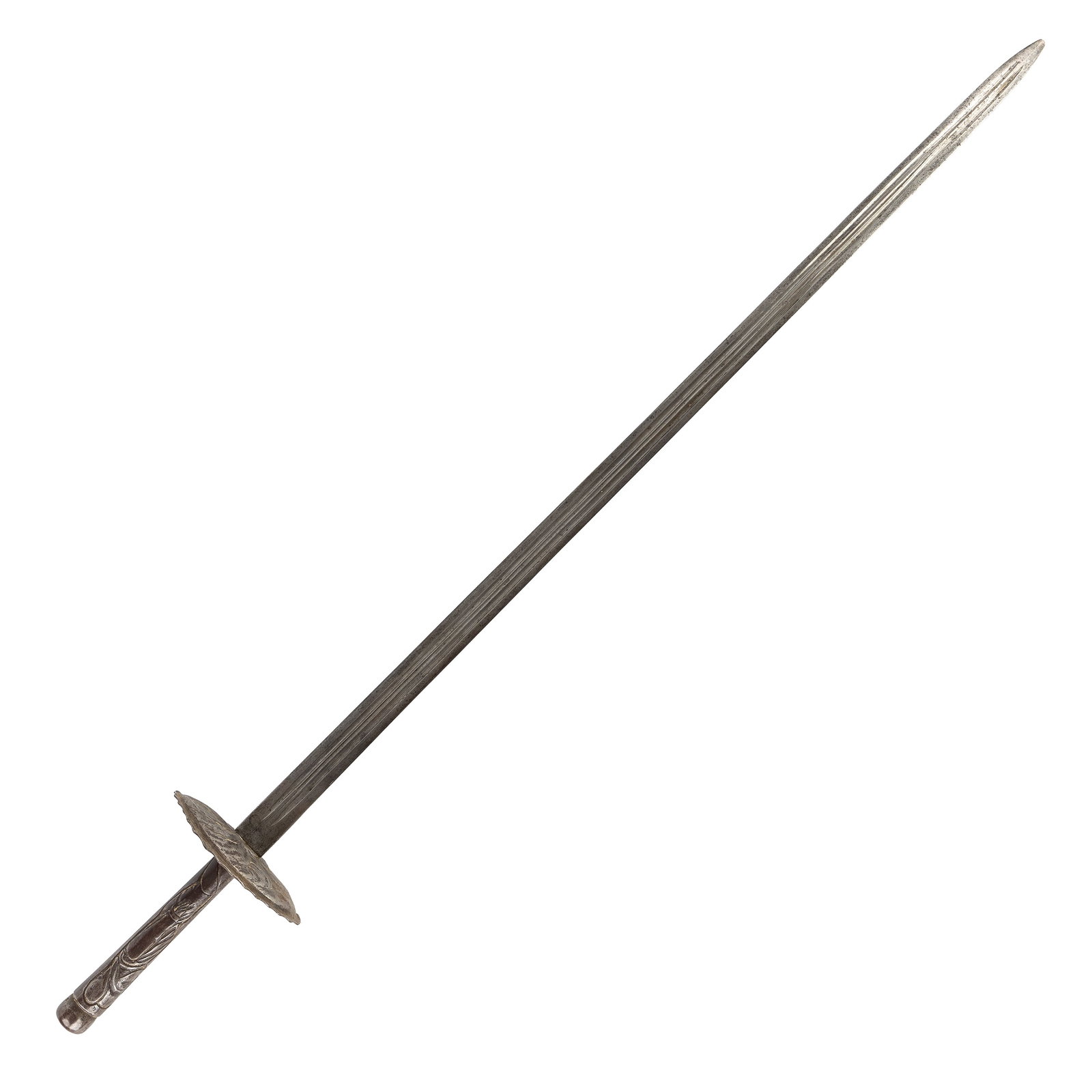 An antique ceremonial sword, probably from France, 19th century.: An antique ceremonial sword, probably from France, 19th century. Marked with a crowned letter D on the grip. The grip is made of cast iron and features a relief of a French soldier. Dimensions: (W:14 
