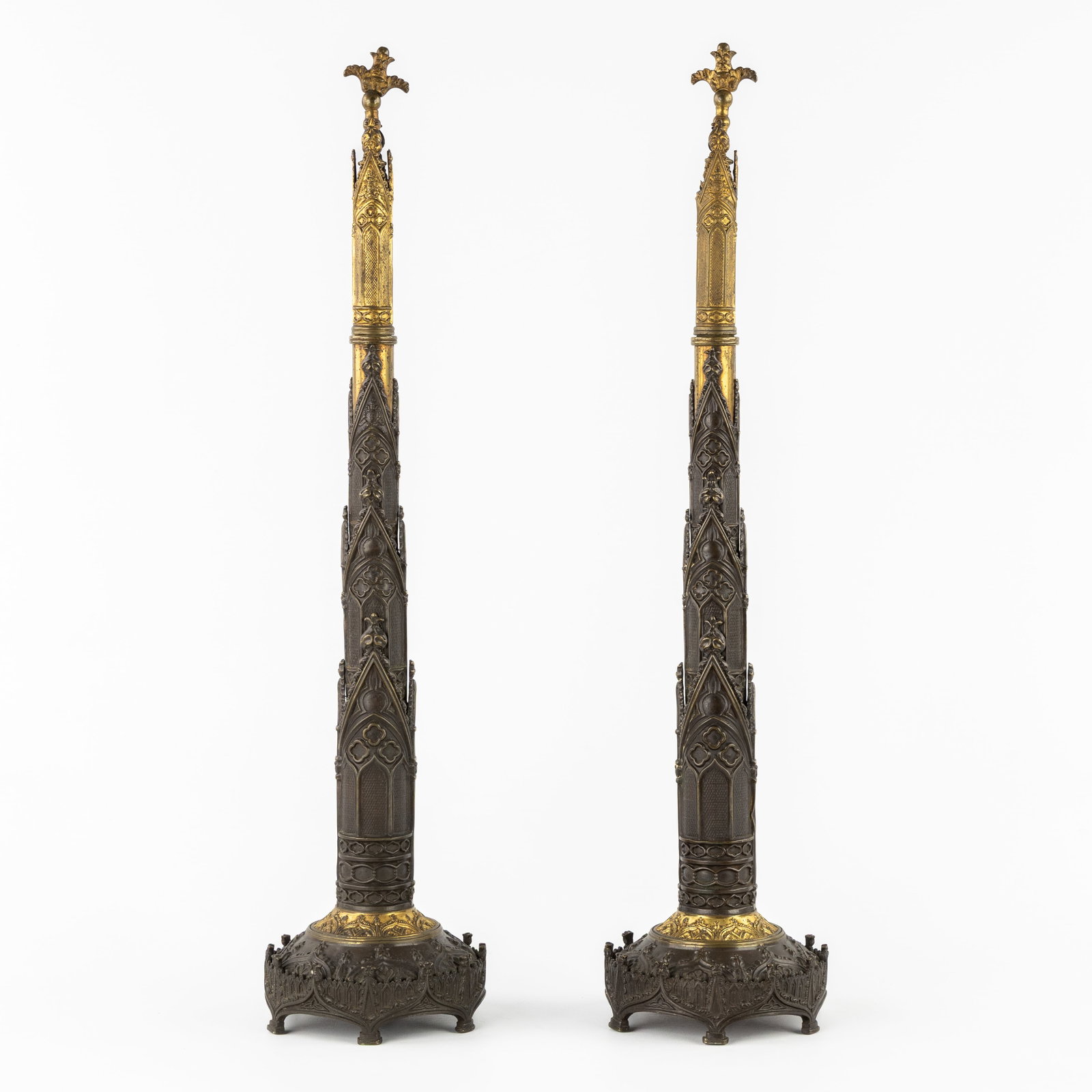 A Pair of Victorian Gothic Revival chimney ornaments, gilded and patinated bronze, Gothic Revival,: A Pair of Victorian Gothic Revival chimney ornaments, gilded and patinated bronze, Gothic Revival, circa 1840. Gilded and patinated bronze.A pair of mantel ornaments according to B. Days (Birmingham) 