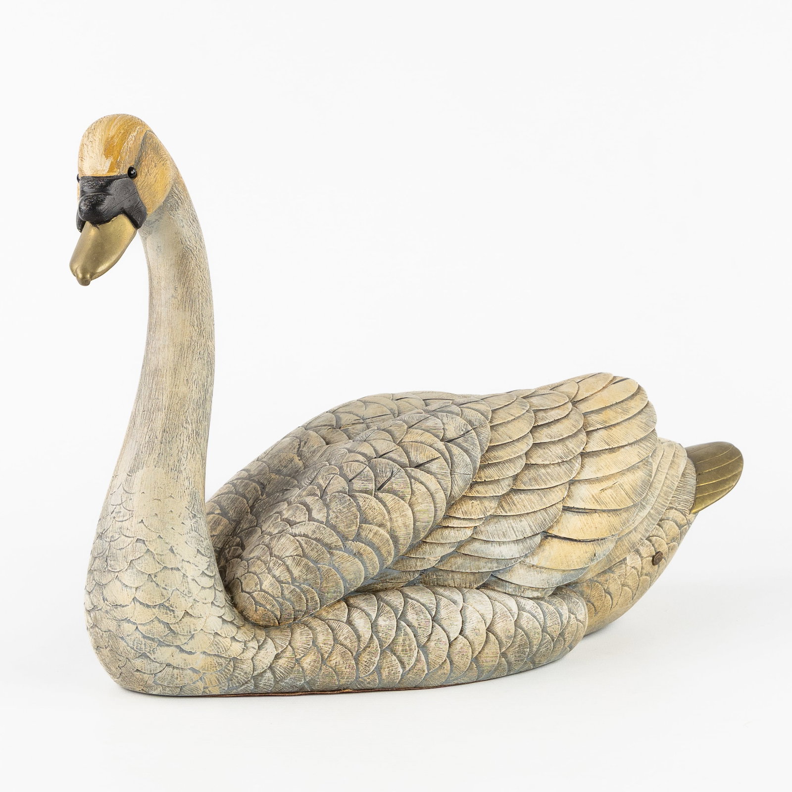 Elli Malevolti (XX) 'Mute Swan', brass and resin, Italy, circa 1970.: Elli Malevolti (XX) 'Mute Swan', brass and resin, Italy, circa 1970. Patinated resin and polished brass.Mute swan with brass beak and tail.Signed 'Malevolti'.Labeled, stamped and marked.Italy, circa 1