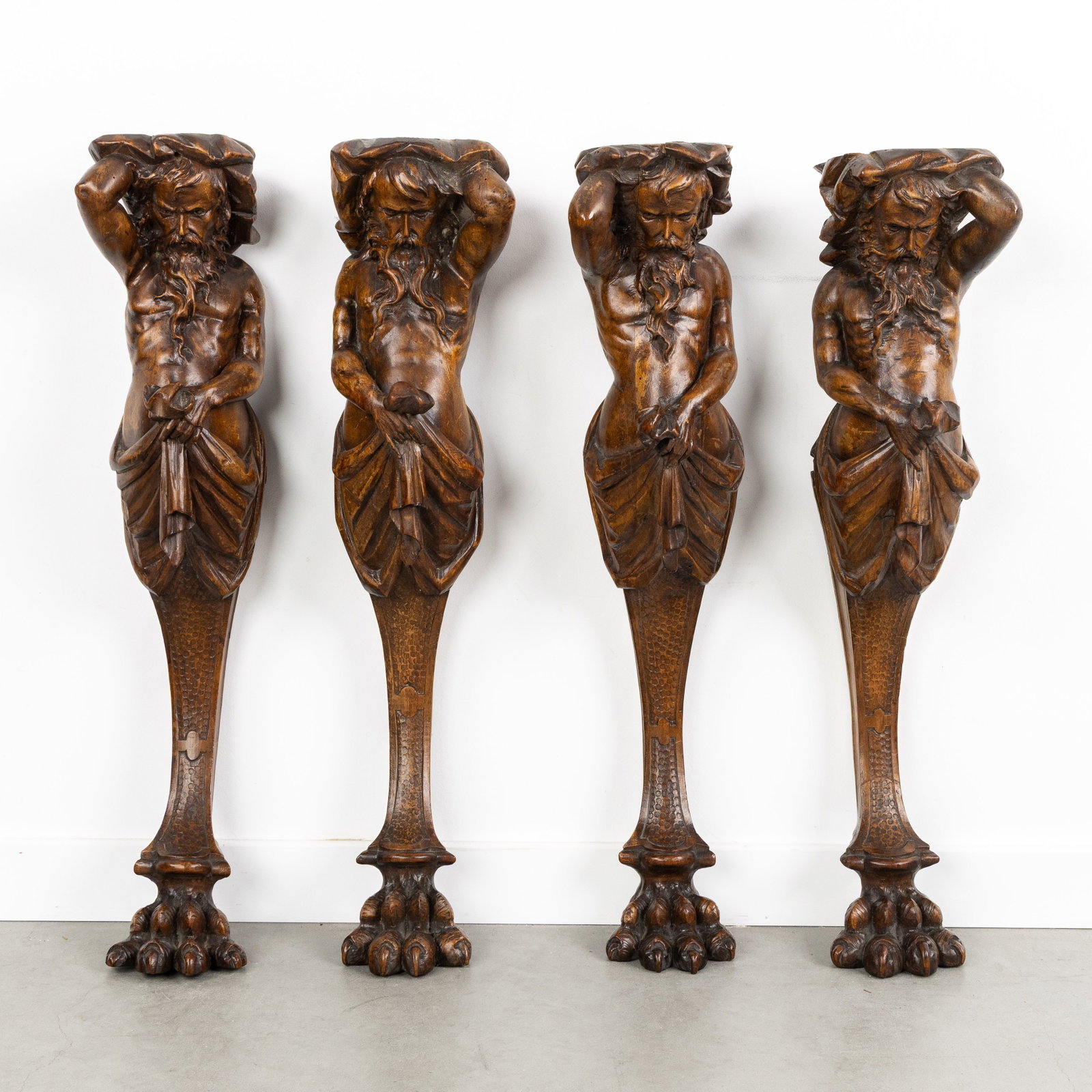 Four antique wood sculptures of Caryatids, Walnut. Circa 1900. (1 of 8)