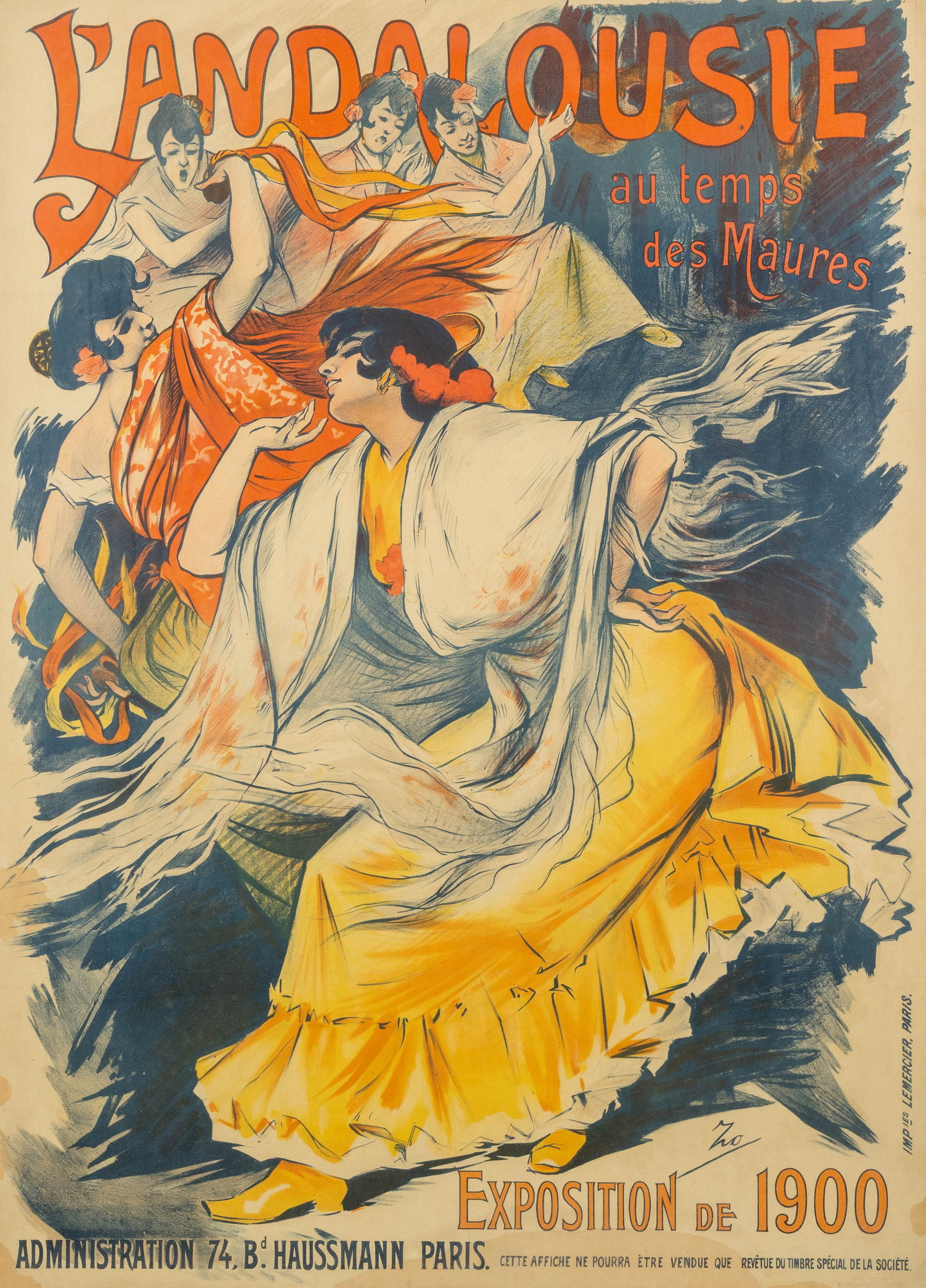 Henri-Achille Zo (1873–1901) 'L'Andalousie Au Temps des Maures', a framed poster.: Henri-Achille Zo (1873–1901) 'L'Andalousie Au Temps des Maures', a framed poster. A poster designed for the 1900 World's Fair in Paris. Designed by Henri Zo. Lithograph printed by Imprimer