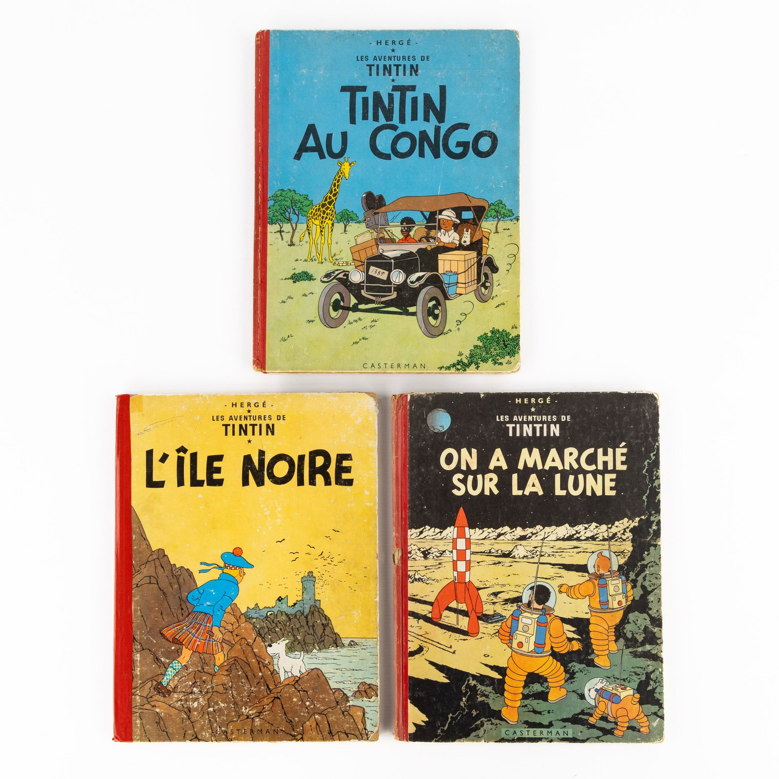 Herge, Les Aventures De Tintin, 'On a Marche sur la Lune' (B11), 'Tintin au Congo' (B24) and 'L'Île (1 of 6)