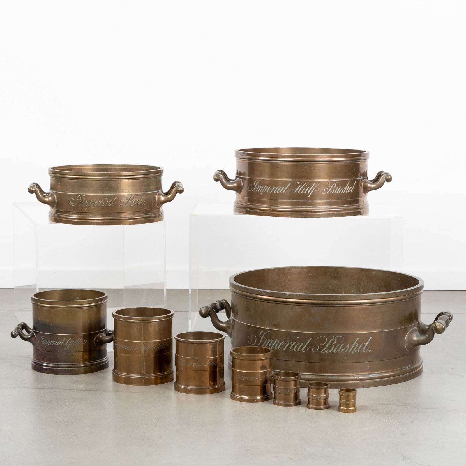 A Special set of Volume Measures, Imperial Bushel to Quarter Gill, bronze, West Sussex, De Grave & (1 of 11)