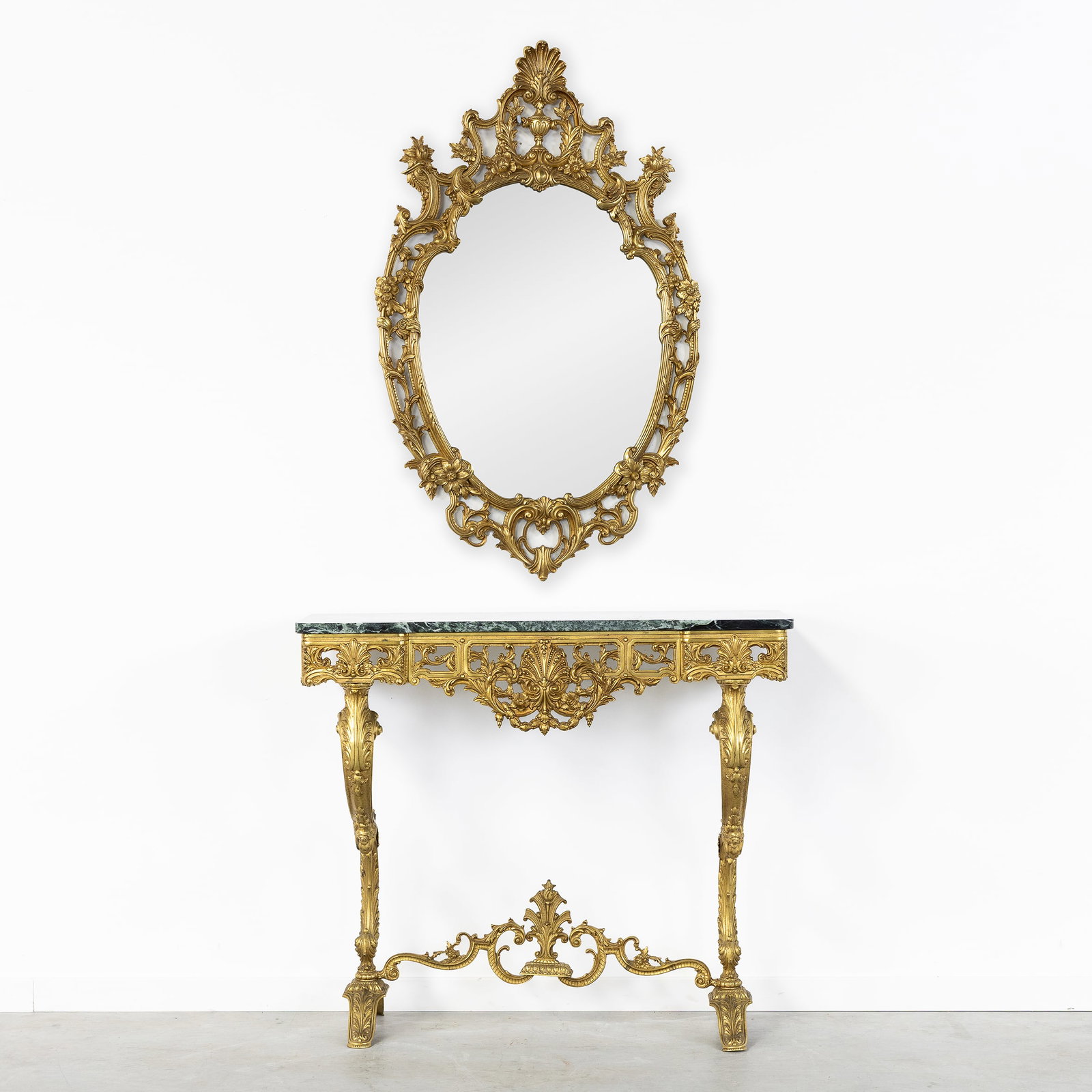 A Console table or Wall console with a marble top and matching mirror, gilded bronze, Louis XV (1 of 9)