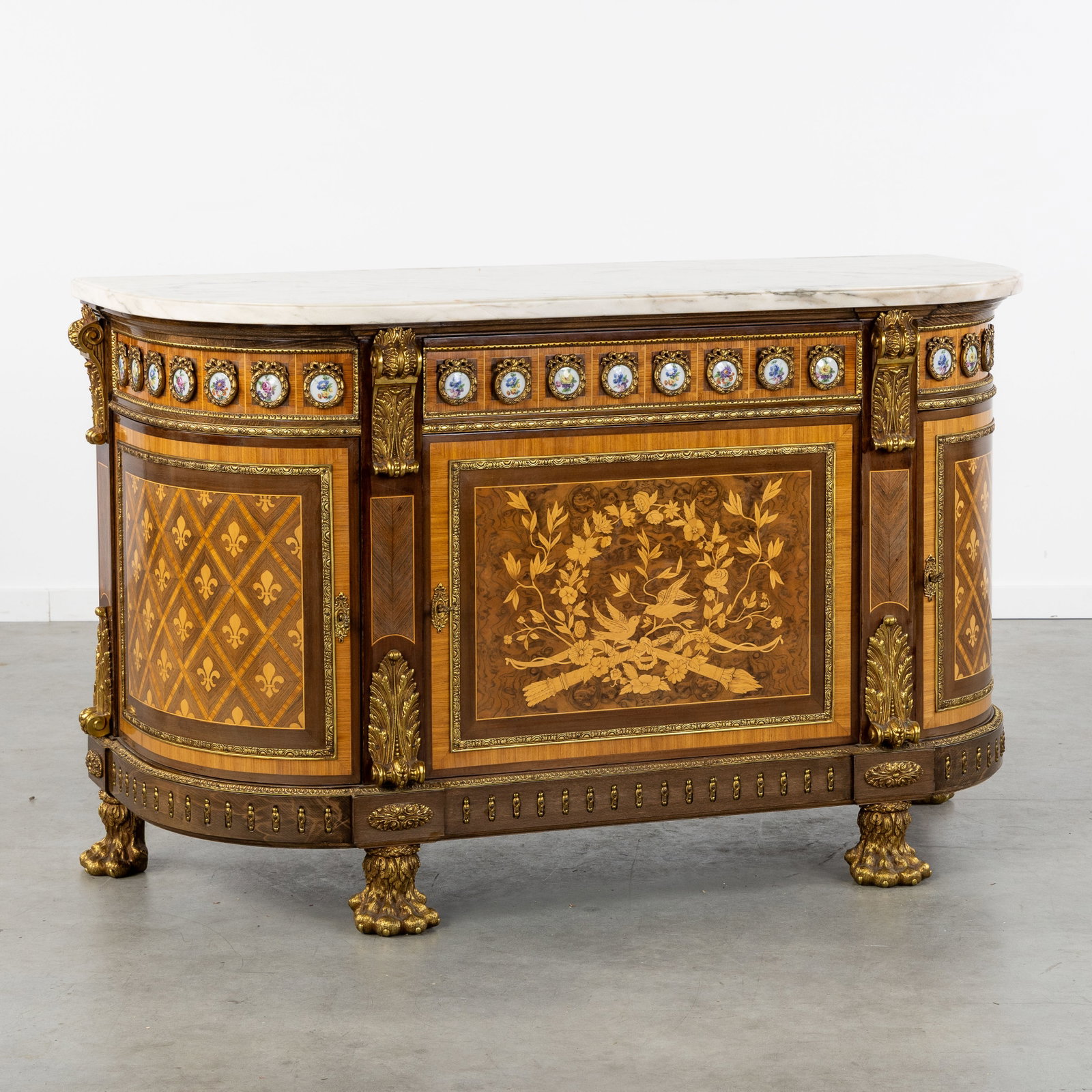 A Sideboard or buffet cabinet with marble top, Louis XVI style, marquetry, porcelain plaques, and (1 of 12)