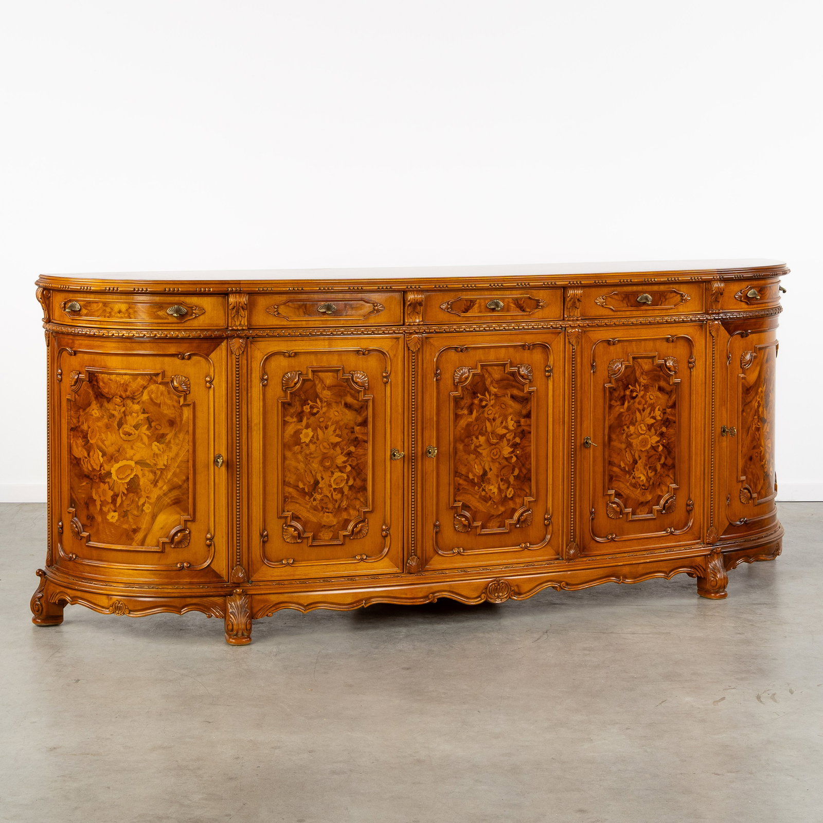 A 'Demi Lune' Sideboard or buffet cabinet with floral marquetry, Louis XVI style, 20th C. (1 of 9)