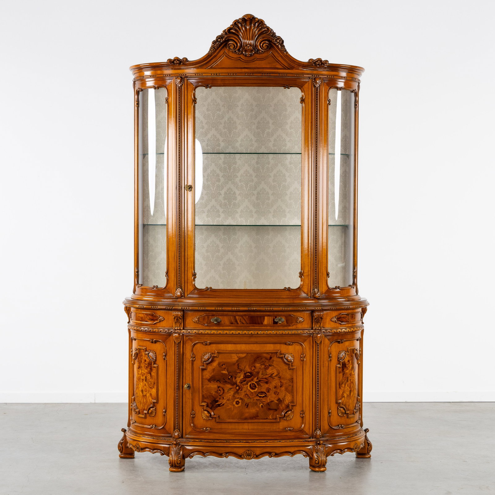 A 'Demi Lune' display cabinet with floral marquetry, Louis XVI style, 20th C. (1 of 9)