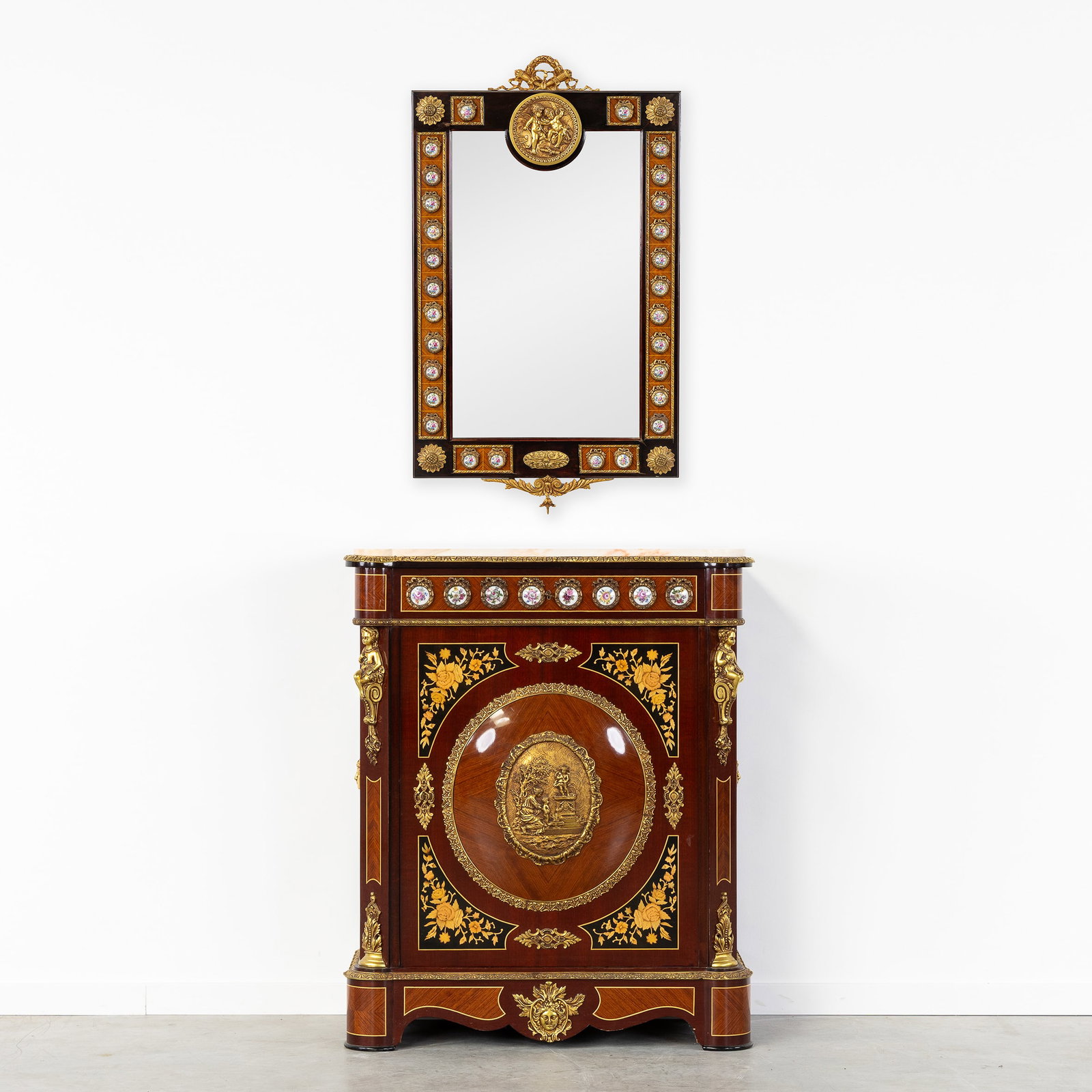 A Side cabinet or 'Meuble d'appui' with matching mirror, Napoleon III style, porcelain plaques and (1 of 13)