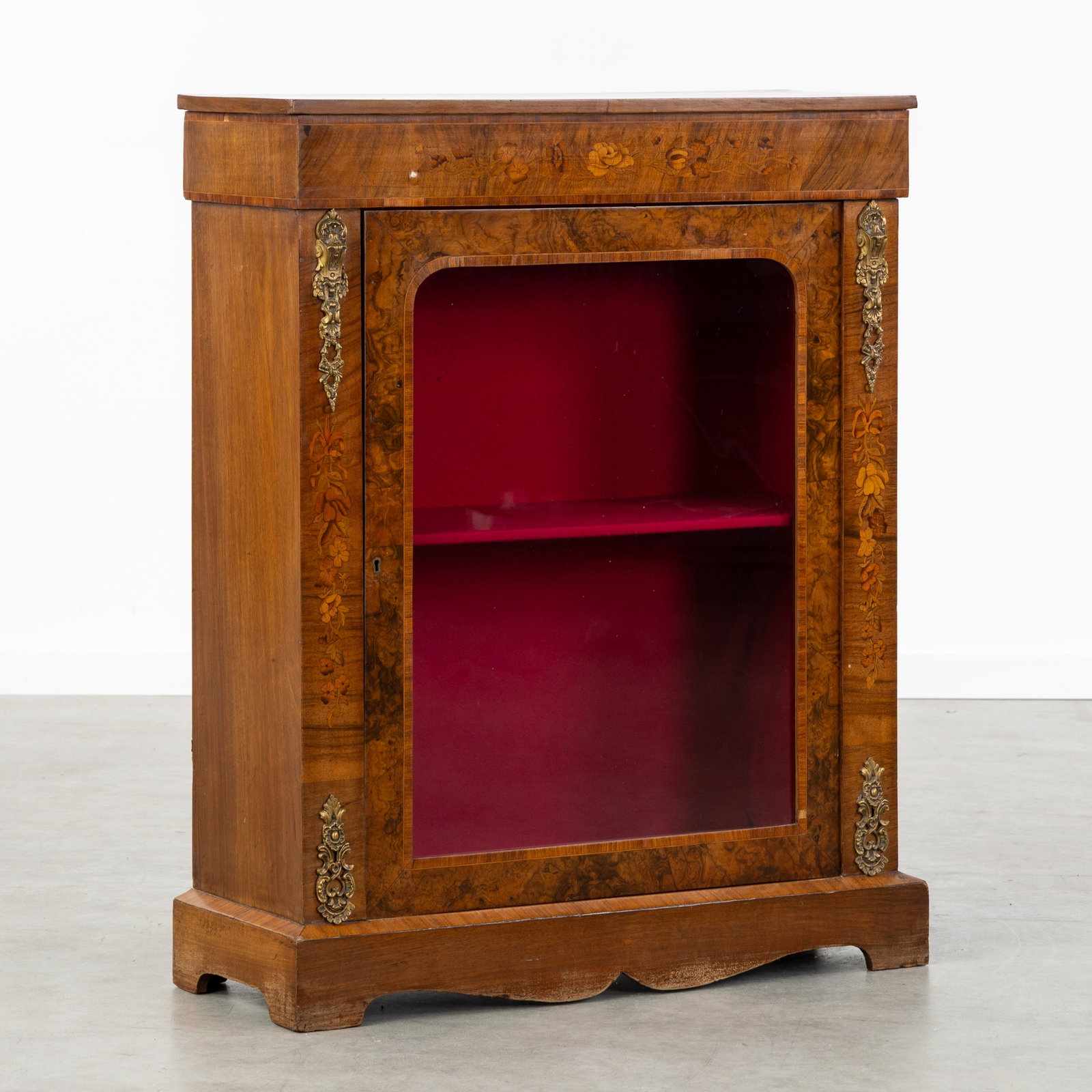An English single-door display cabinet or 'Pier Cabinet', burr veneer walnut and floral marquetry, (1 of 8)