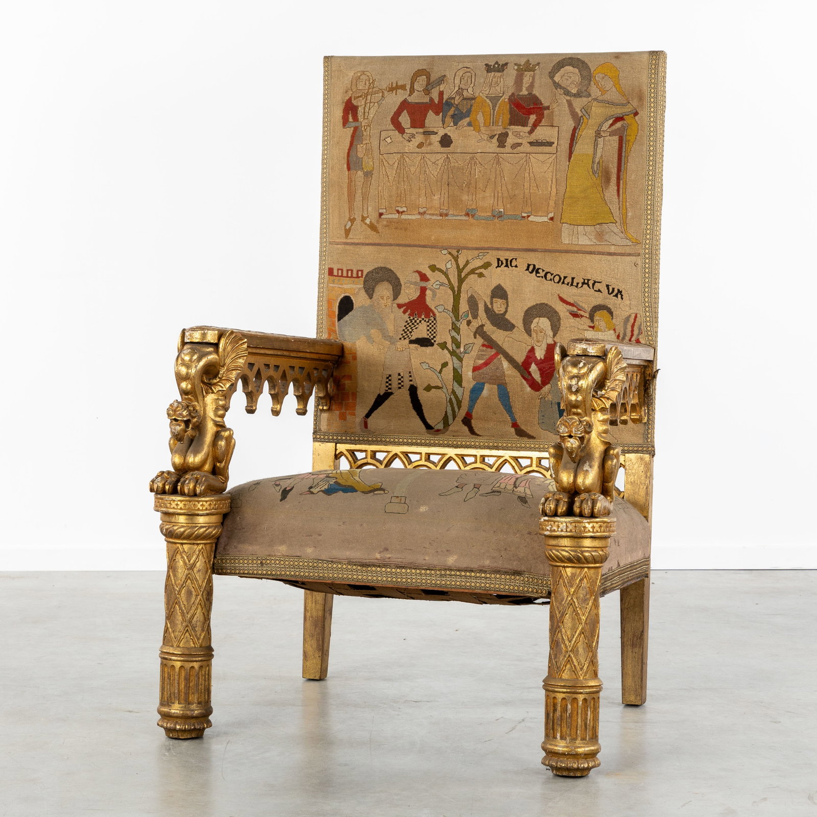 An Impressive wood-sculptured and gilded Throne Chair, with Griffins and Embroidery in Romanesque (1 of 10)