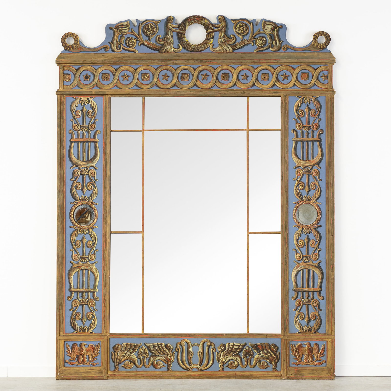 An Impressive large mirror, patinated wood and glass, Byzantine and Empire ornamentation, 20th C. (1 of 9)