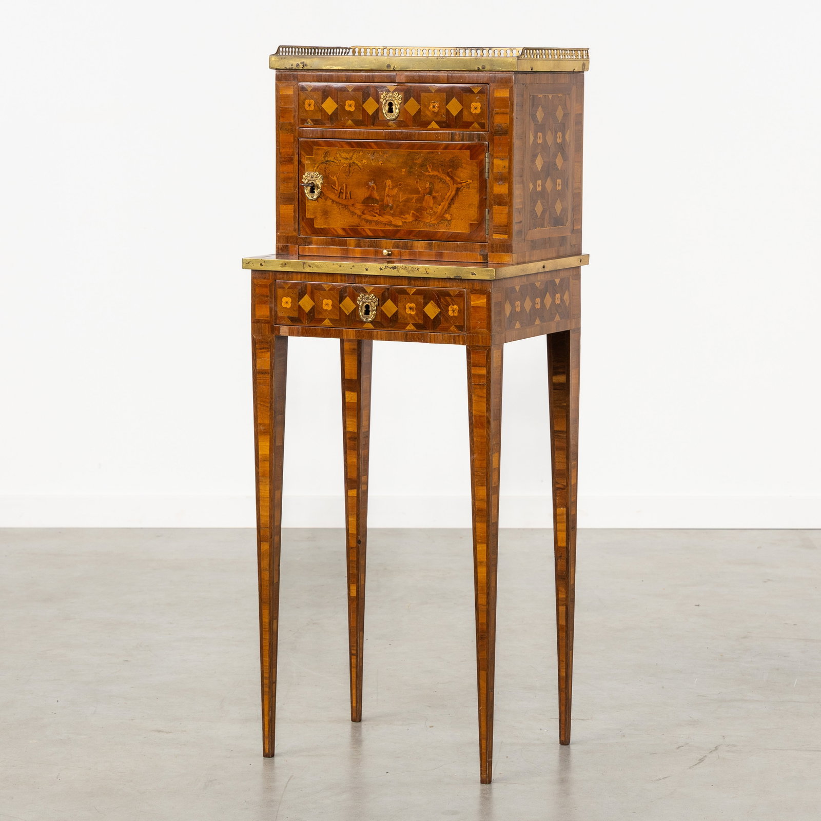 An Elegant ladies' desk or 'bonheur du jour', Louis XVI style, marquetry with Chinoiserie decor,: An Elegant ladies' desk or 'bonheur du jour', Louis XVI style, marquetry with Chinoiserie decor, France, 19th century. Parquetry veneer, marquetry, and brass moldings, finished with a grey marble top.