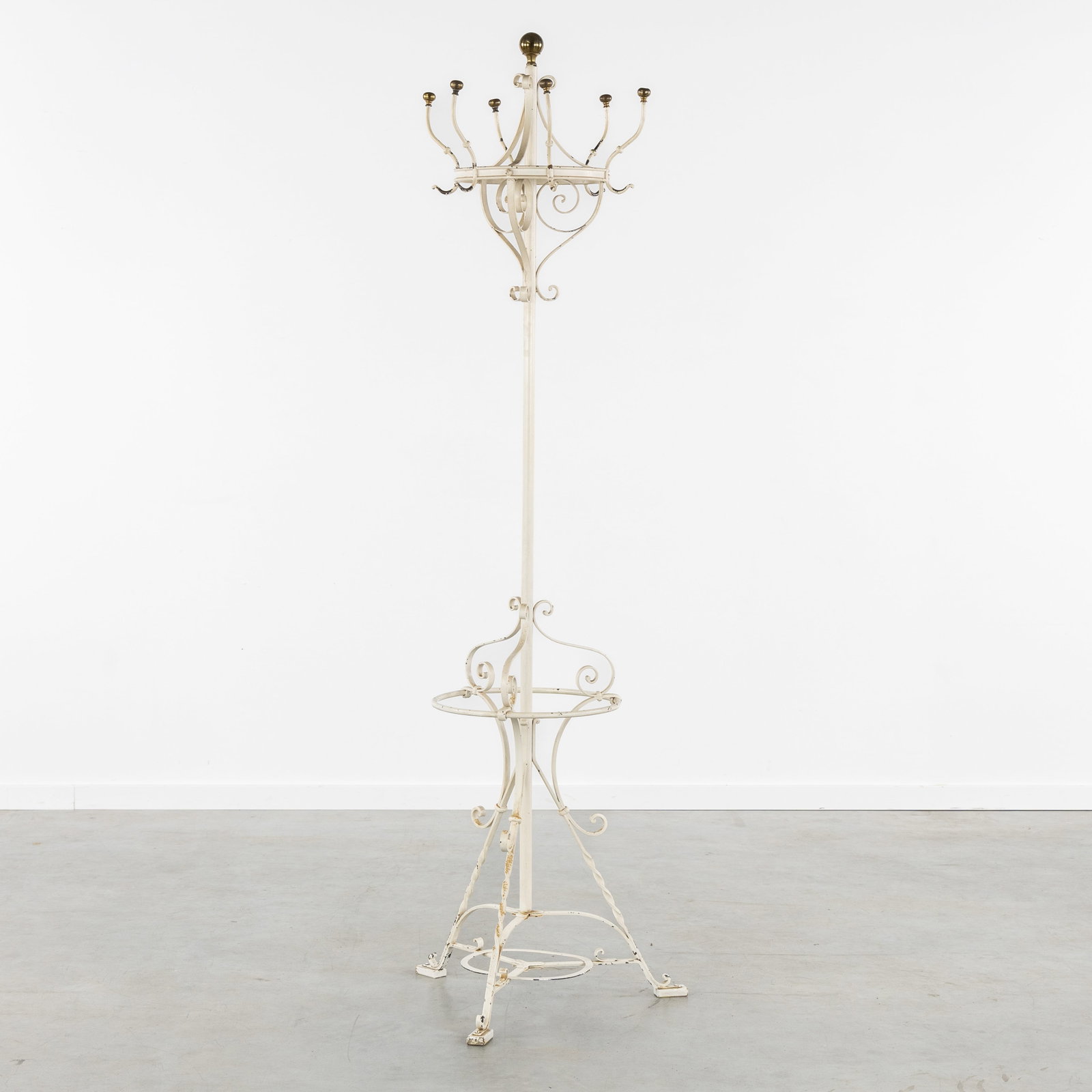 A Decorative coat rack with umbrella stand, patinated wrought iron and bronze, circa 1960. (1 of 4)