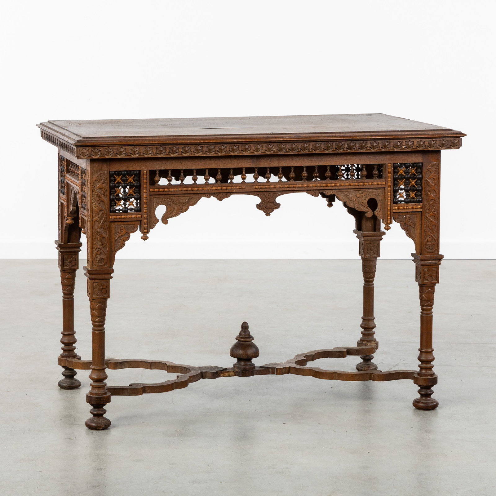 A Syrian side table, richly sculptured wood and openwork decorations, 20th C. (1 of 10)