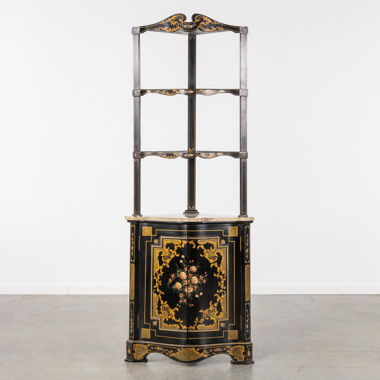 A Black lacquered Corner cabinet with a Whatnot shelf, hand-painted floral decorations, and a marble (1 of 9)