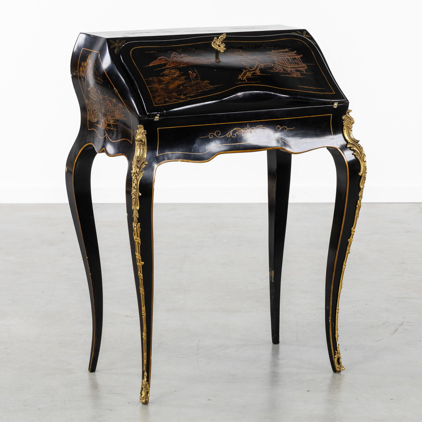 A Black lacquered Ladies' desk or Secretaire with Chinoiserie decoration and bronze fittings, (1 of 11)