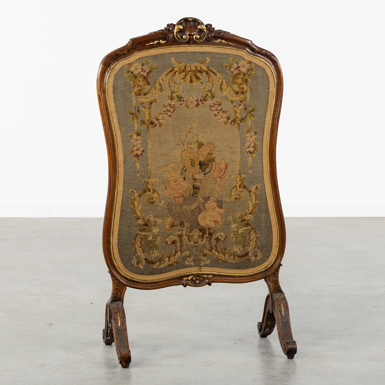 A Wood-Sculptured Fire Screen with Floral Embroidery, Louis XV style, 19th C. (1 of 5)