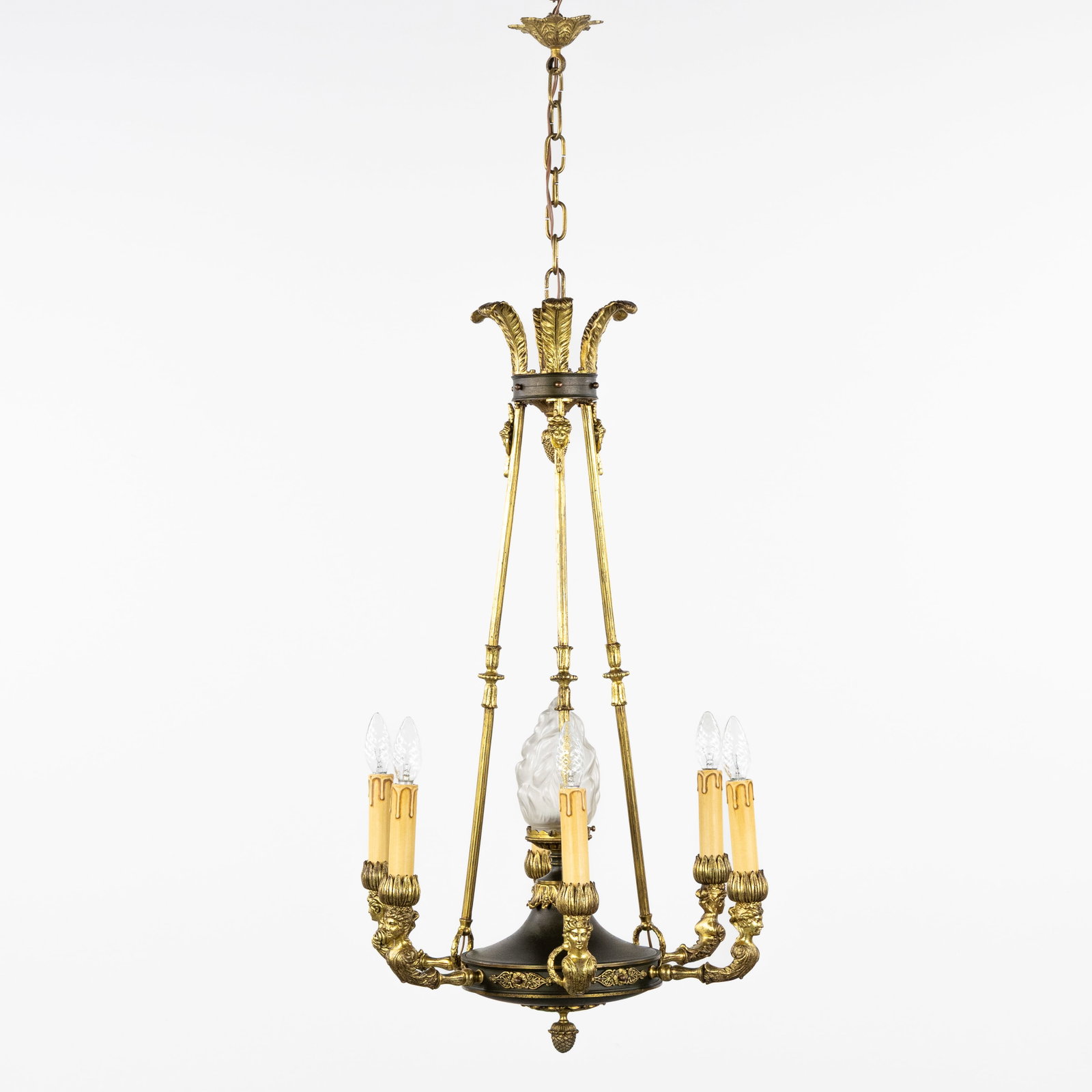A Large chandelier with female busts and feathers, gilded and patinated bronze and frosted glass, (1 of 8)
