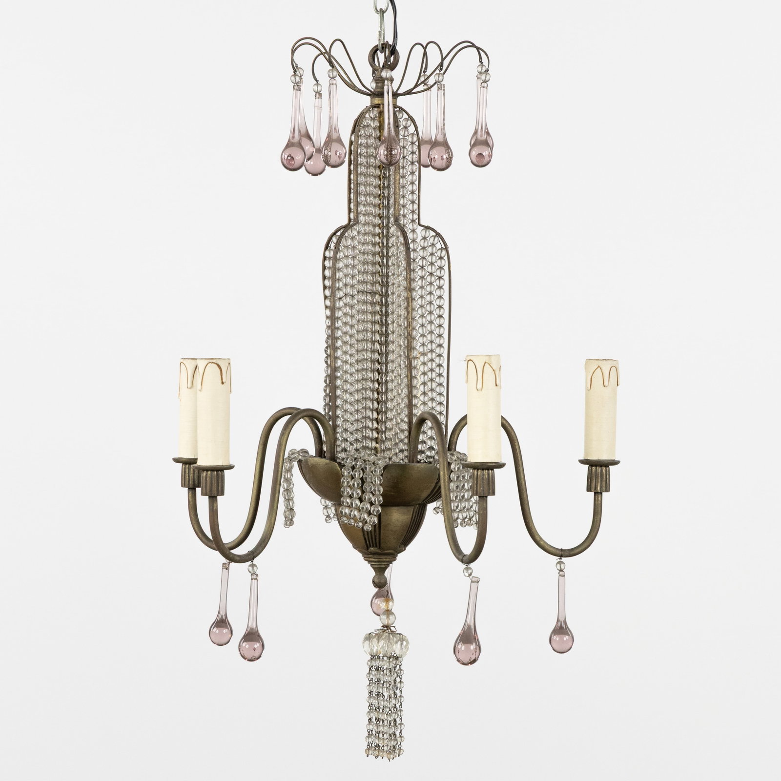 A Decorative chandelier with coloured bells and beads, brass and glass. Art Deco, Circa 1940.: A Decorative chandelier with coloured bells and beads, brass and glass. Art Deco, Circa 1940. Brass and glass.Decorated with coloured bells or drops, and strings of beads.Five light points. Height inc