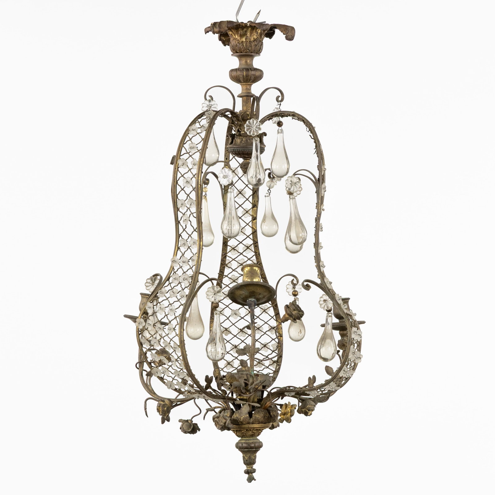 A Decorative chandelier with flowers and bells, in the style of Maison Baguès, brass and glass. (1 of 6)