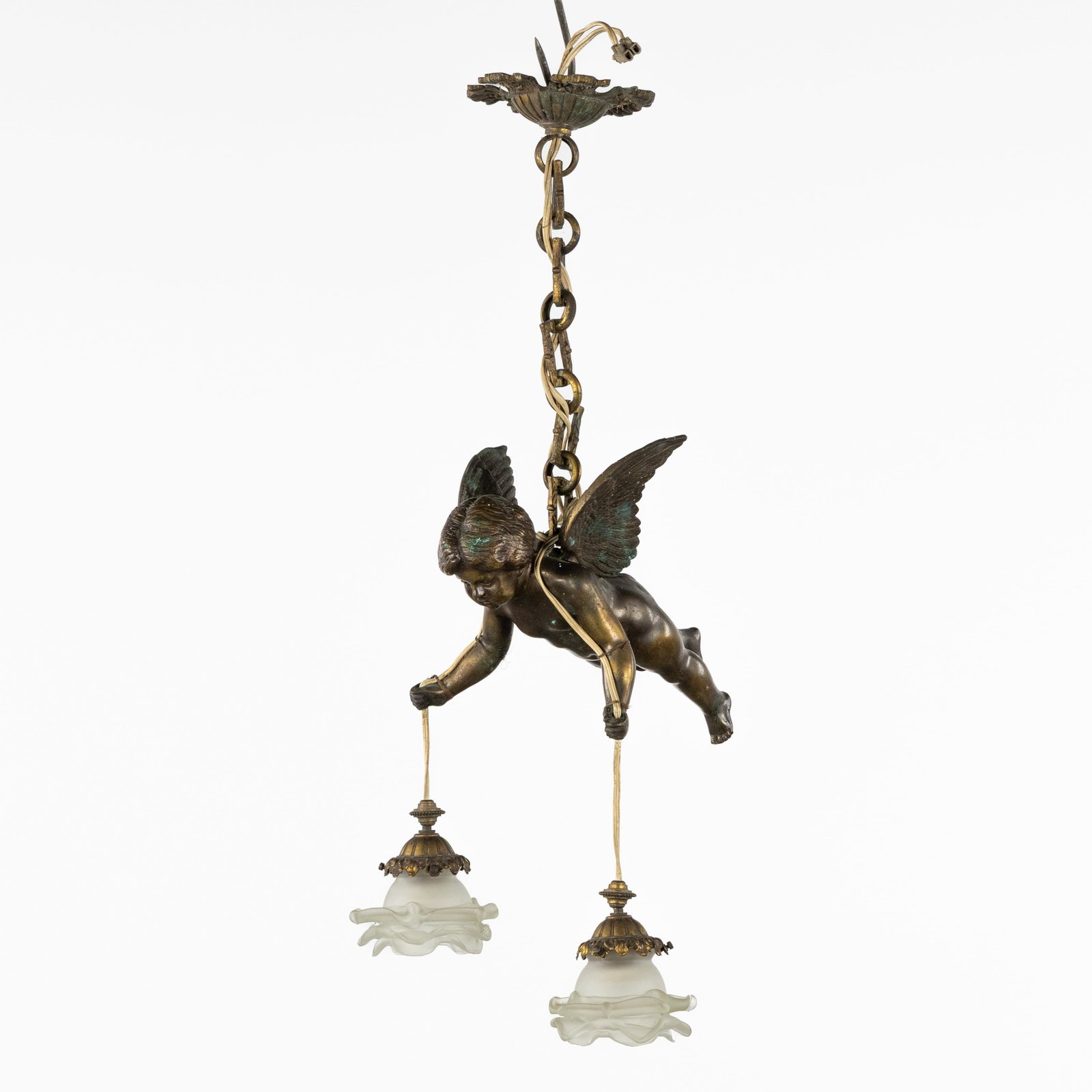 A Pendant lamp with a bronze angel and two frosted glass lampshades. (1 of 5)