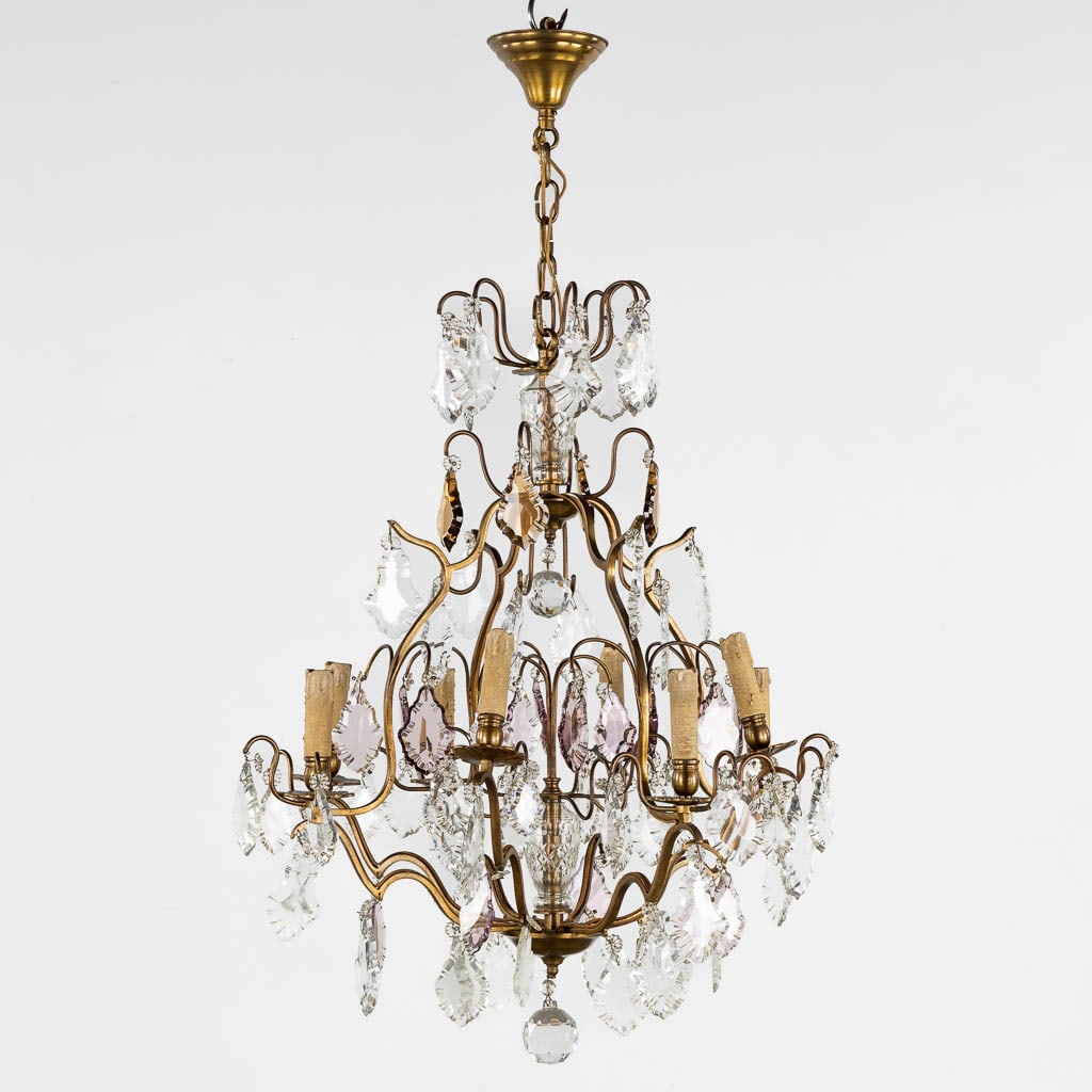 An Antique Chandelier, Model 'A Cage', Brass with Coloured and White Glass. Circa 1930. (1 of 10)