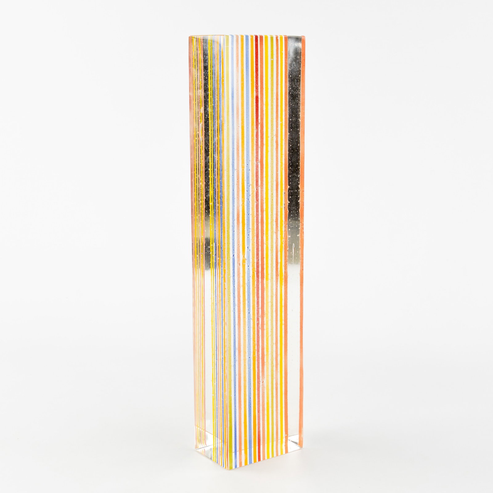 Jean Yves Staffe (1968) 'Sculpture Totem - Hommage aux Hopis - II 3', a glass sculpture.: Jean Yves Staffe (1968) 'Sculpture Totem - Hommage aux Hopis - II 3', a glass sculpture. Clear glass with coloured glass strips, created using the 'fusing' technique.Totem sculpture, as a standalone e