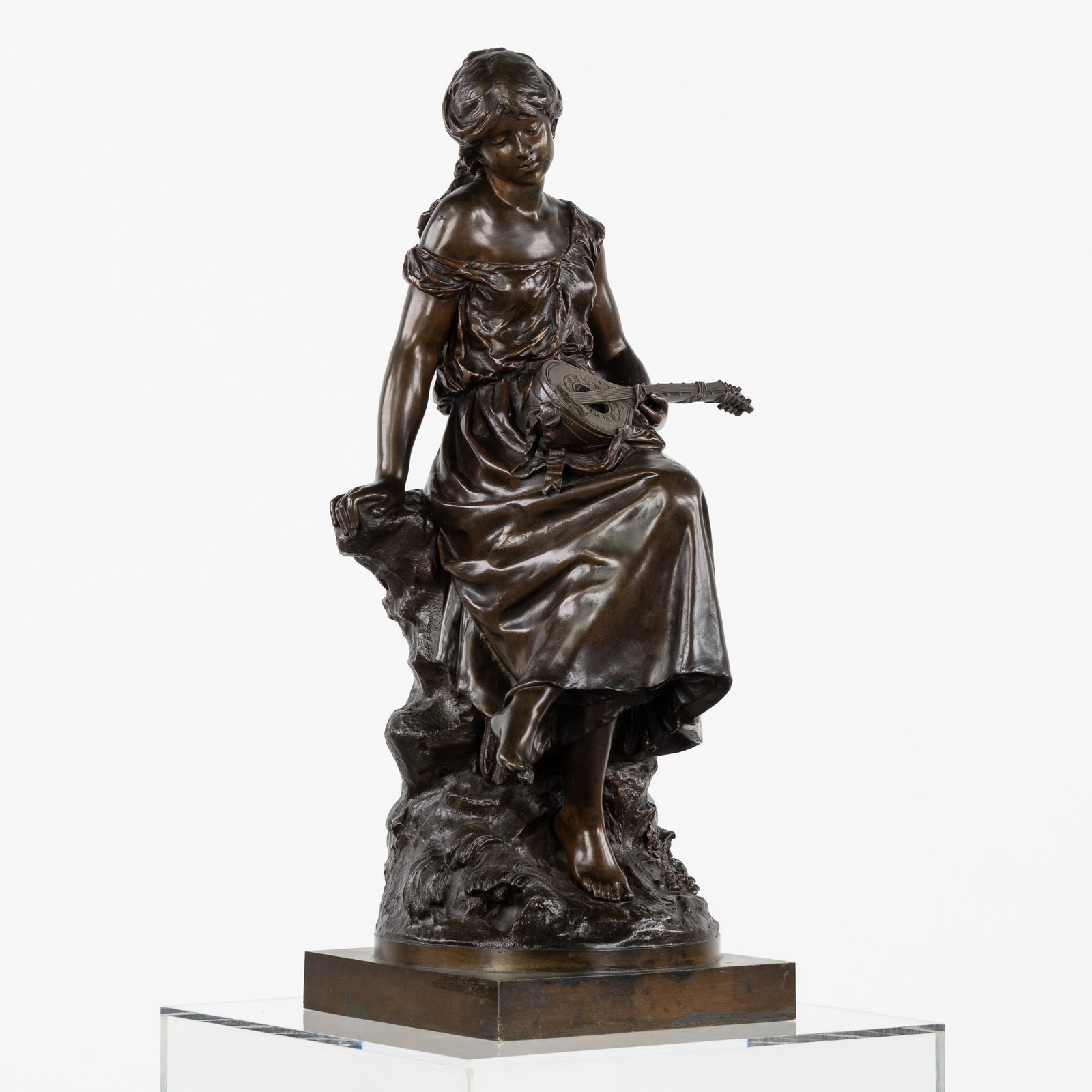 Auguste Moreau (1834-1917) 'Young Lady with Mandolin', patinated bronze.: Auguste Moreau (1834-1917) 'Young Lady with Mandolin', patinated bronze. Patinated bronze.Signed 'Auguste Moreau'. Dimensions: (W:31 x H:60 x L:29 cm) The absence of a condition report does not imply 