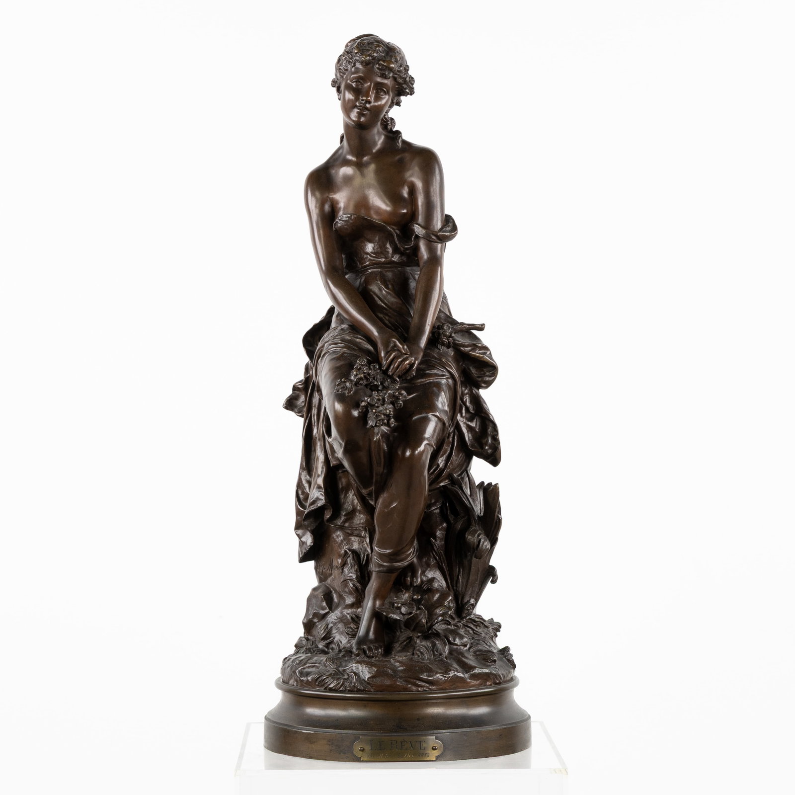 Hippolyte Moreau (1832-1927) 'Le Reve', a patinated bronze sculpture on a turning base. (1 of 9)