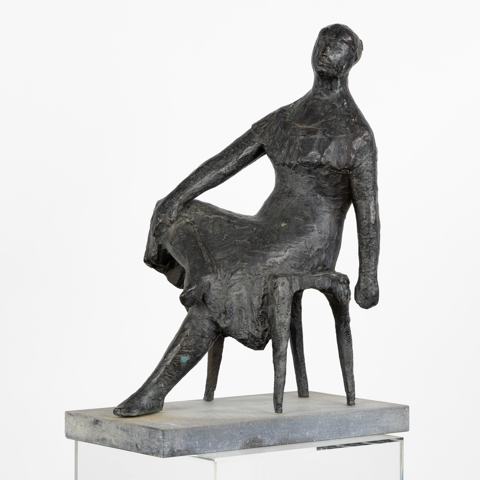 Johan Sterenberg (1920-2002) 'Lady on a Chair', patinated bronze.: Johan Sterenberg (1920-2002) 'Lady on a Chair', patinated bronze. Patinated bronze, mounted on a bluestone base.Unsigned. Height including base: 62 cm. Dimensions: (W:40 x H:58 x L:29 cm) The absence 