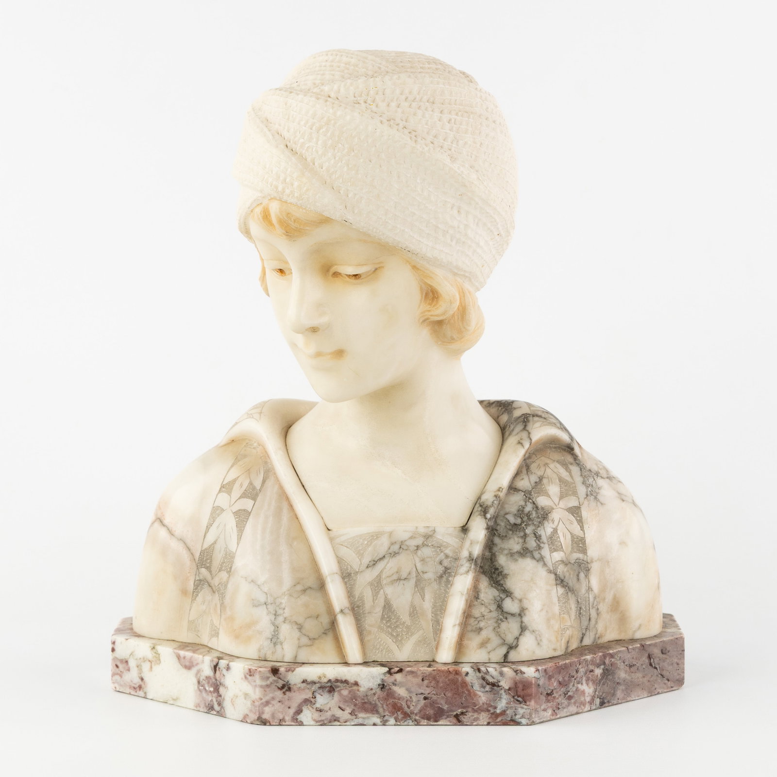 A. Trefoloni (XIX-XX) 'Bust of a Young Lady with a Turban', sculptured multicoloured alabaster and (1 of 8)