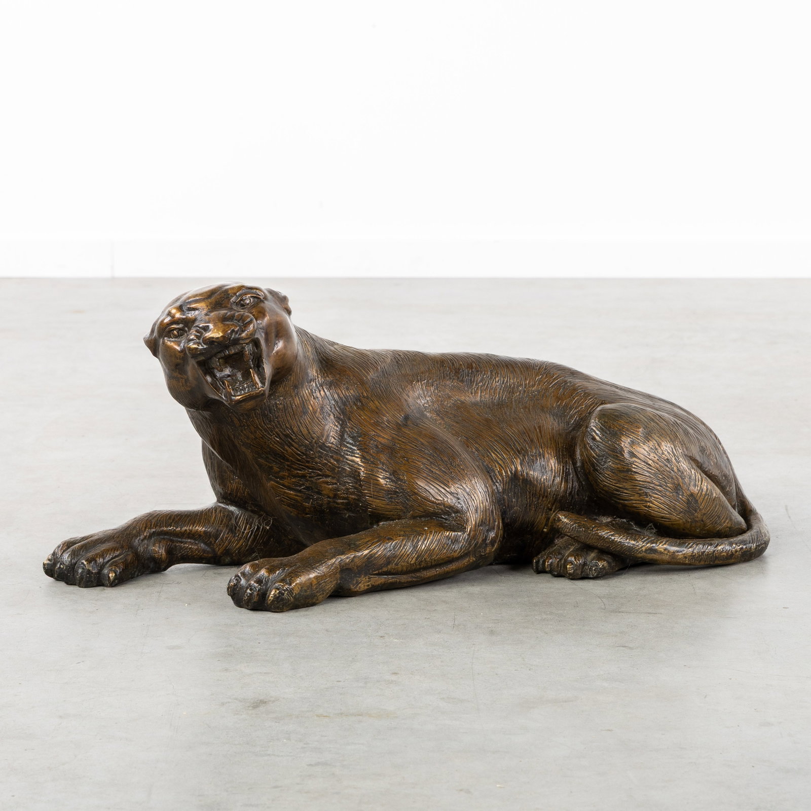 A Bronze Panther, garden statue or sculpture, 20th C.: A Bronze Panther, garden statue or sculpture, 20th century. Patinated bronze.Depiction of a reclining panther with a fierce expression. Dimensions: (W:75 x H:32 x L:33 cm) The absence of a condition r