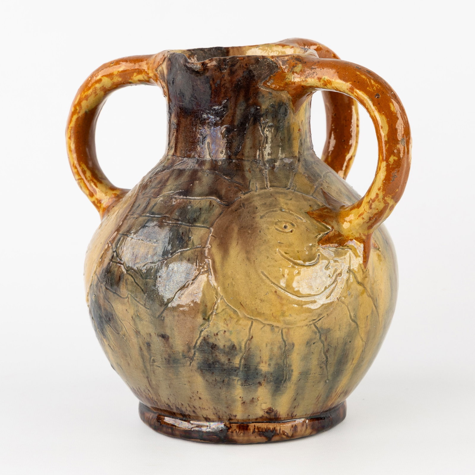 Bredene Pottery, a vase with three large handles and a spout, circa 1920. (1 of 7)