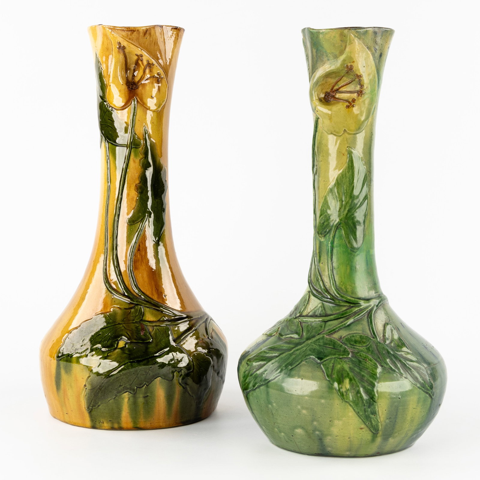 Benoni Bucquoy (19th-20th century) 'Two Vases', Flemish Earthenware, Roeselare, Art Nouveau. (1 of 8)
