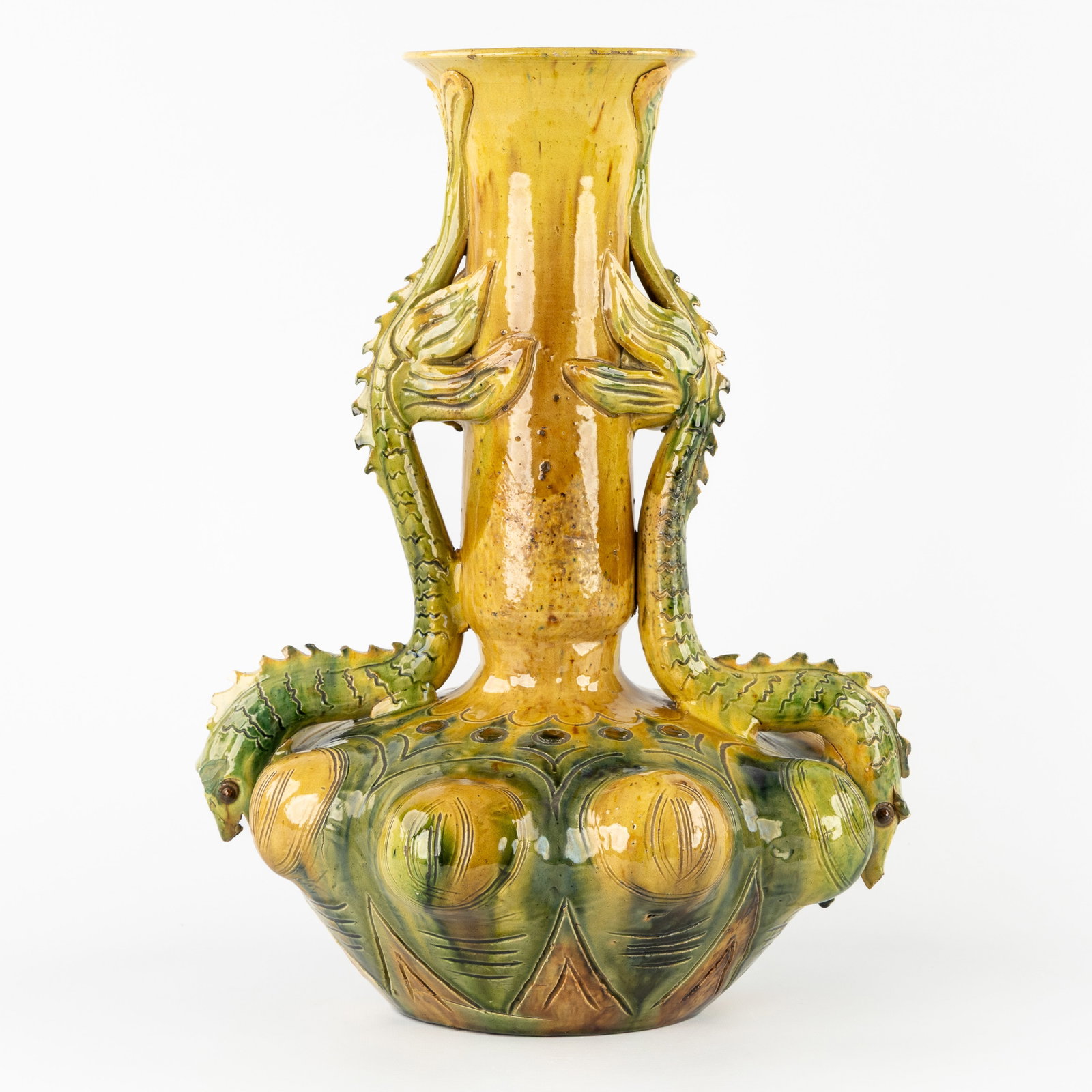 Kortrijk Pottery, an eight-lobed vase with dragon decoration, Flemish Earthenware. (1 of 10)