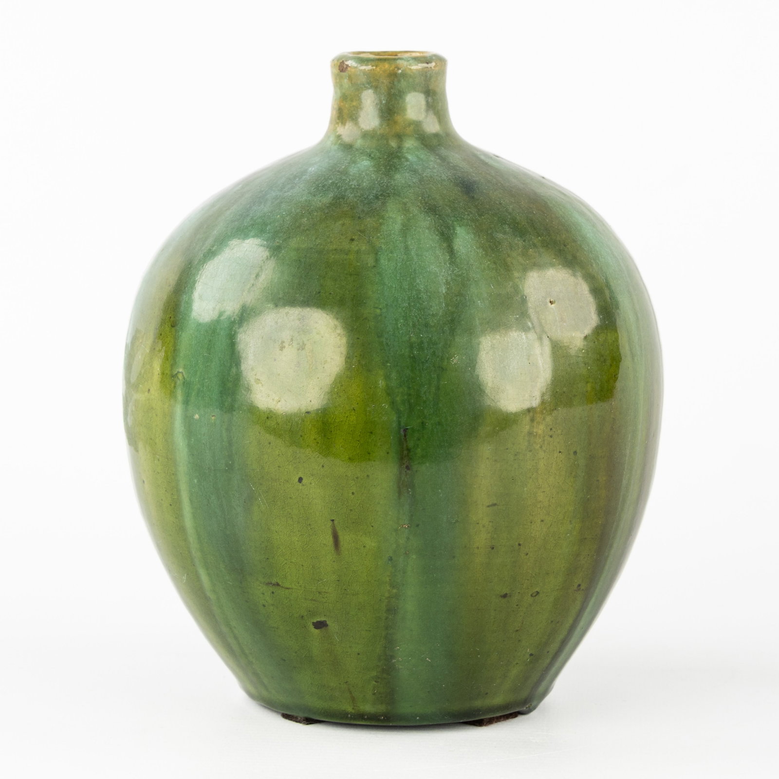 Arthur Craco (1869-1955) a spherical vase, green glazed ceramic with blue drip glaze. (1 of 7)