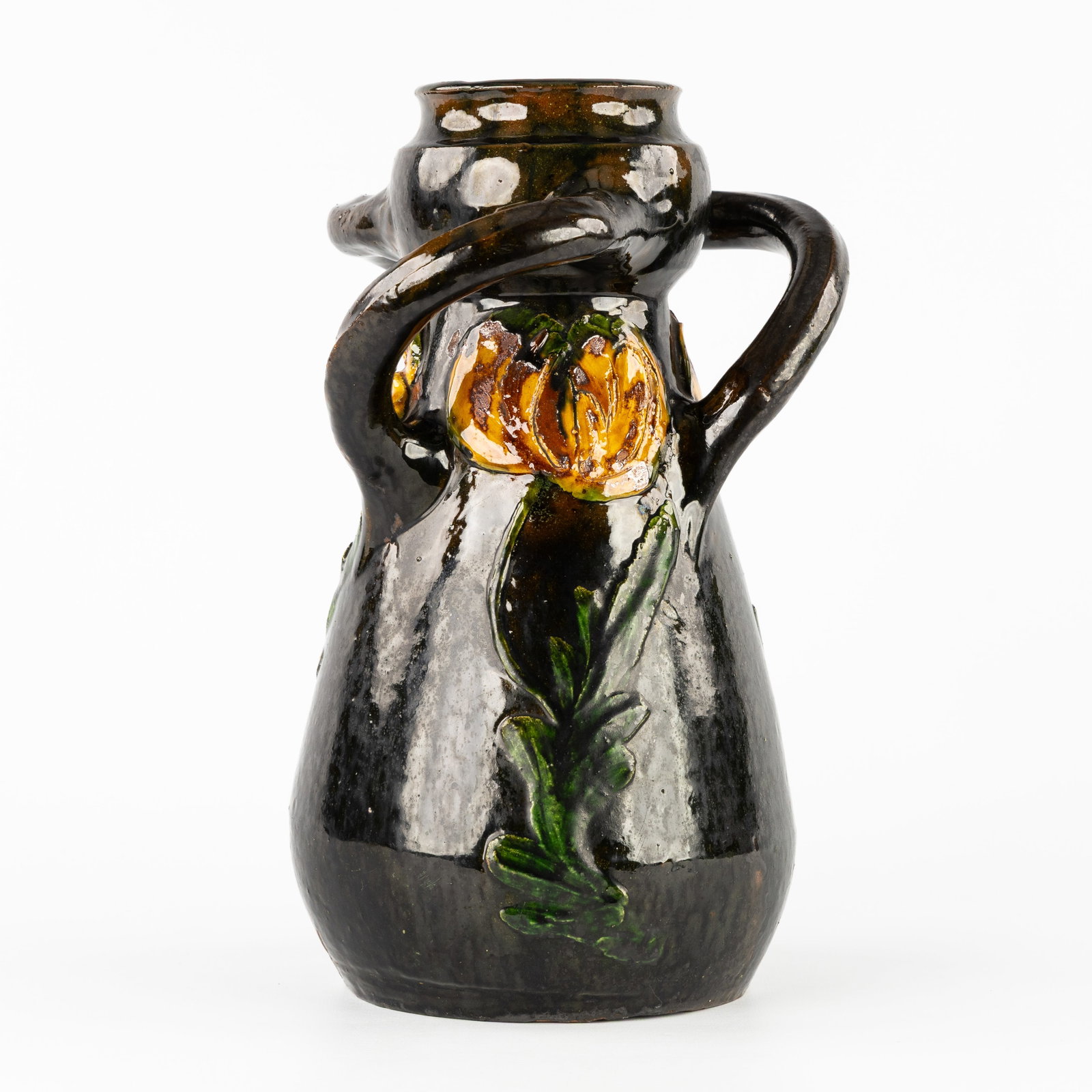 Arthur Craco (1869-1955) a vase with floral motifs and ornate handles, glazed ceramic, Art Nouveau, (1 of 7)