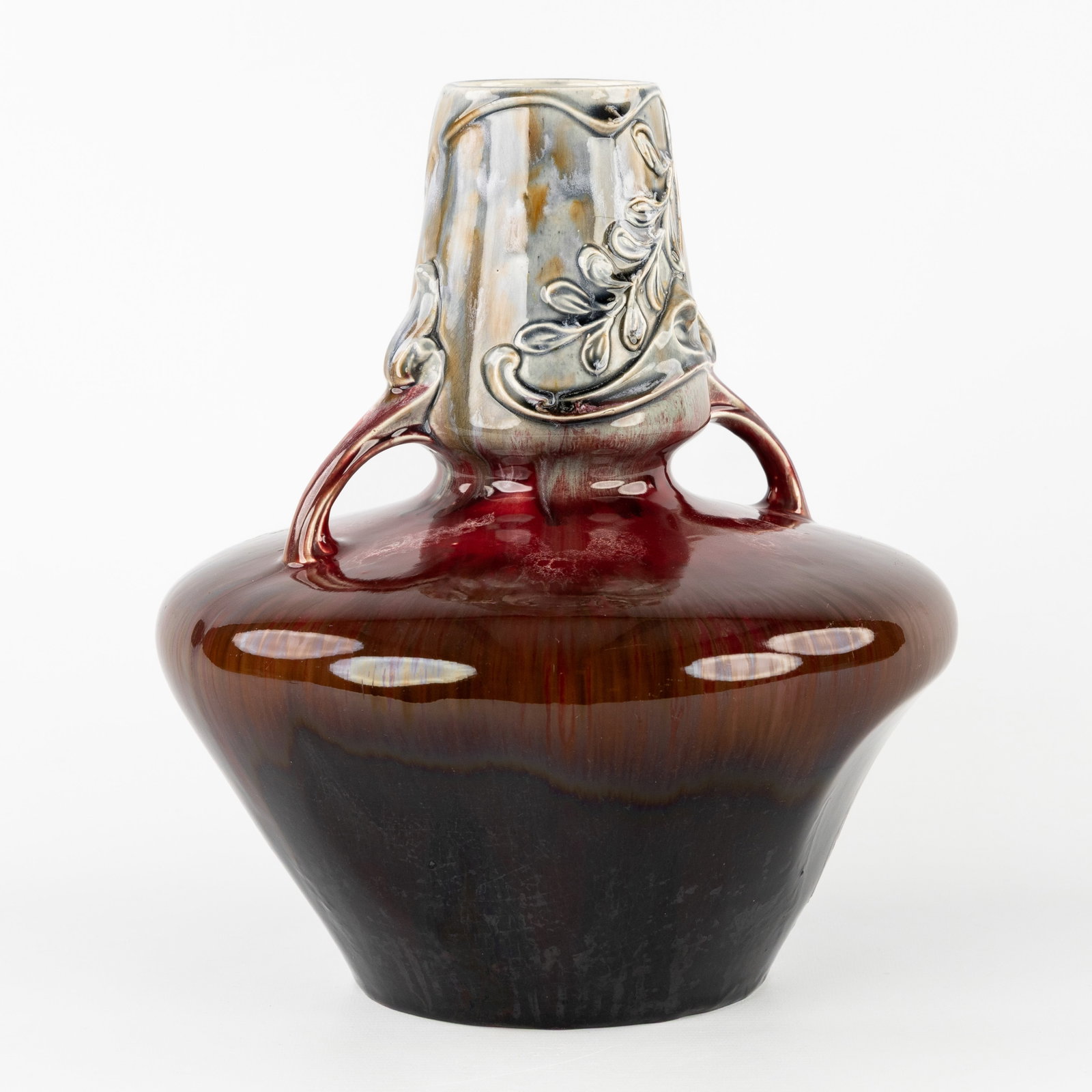 Gustave De Bruyn (1838-1916) (Attr.) Fives Lille, an Art Nouveau vase, red and grey glazed ceramic, (1 of 8)