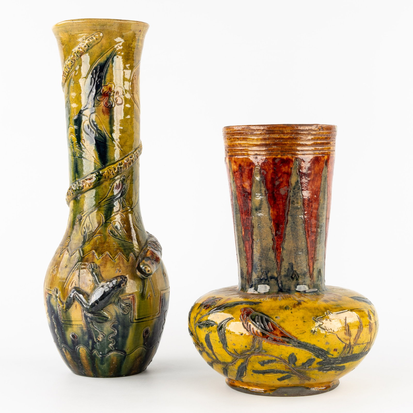 Bredene Pottery, two vases, decorated with Snake, Frog, and Birds. Flemish Earthenware. (1 of 9)