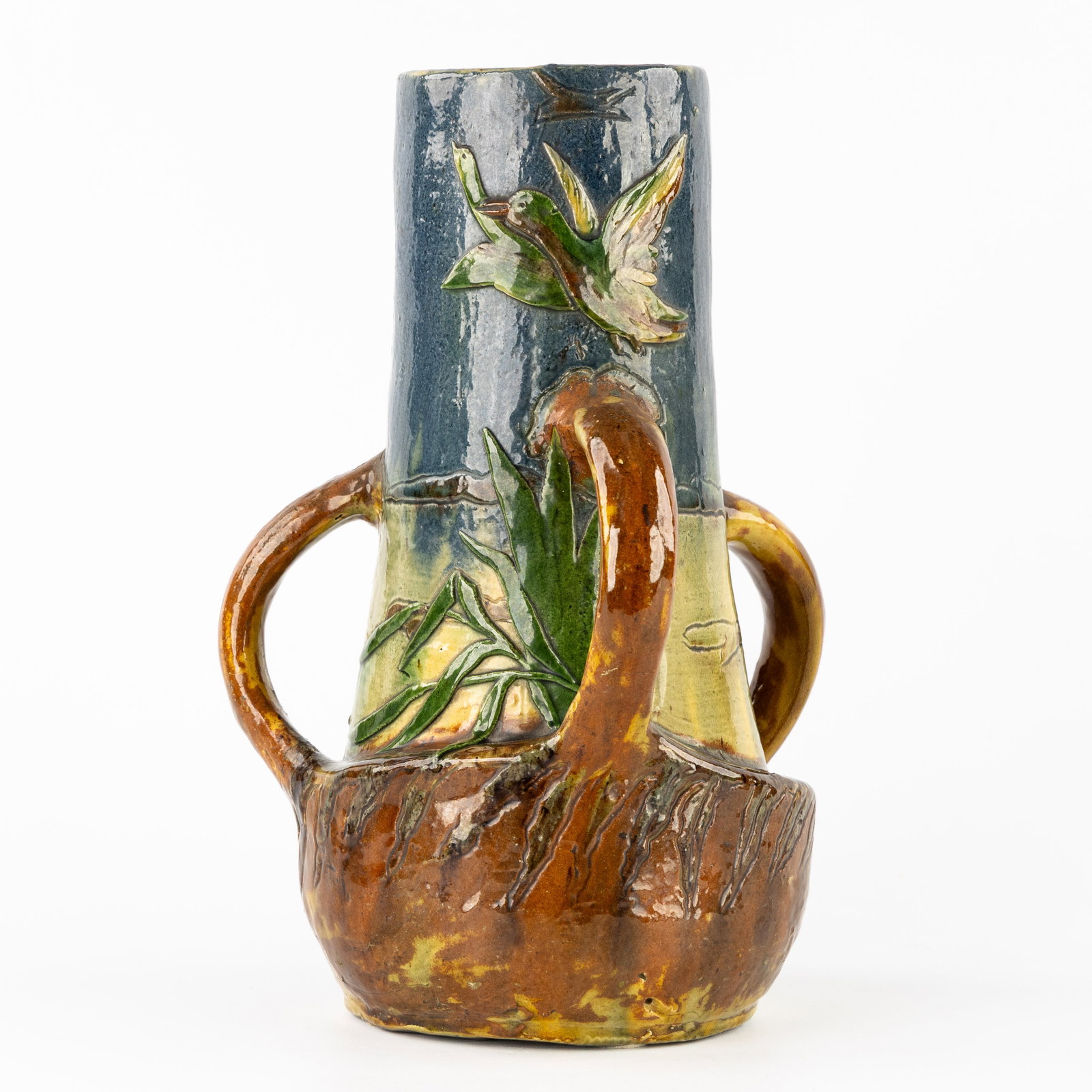 Leo Maes Vereenooghe (XIX-XX) 'Vase with floral decorations and flying birds', Flemish Earthenware, (1 of 8)