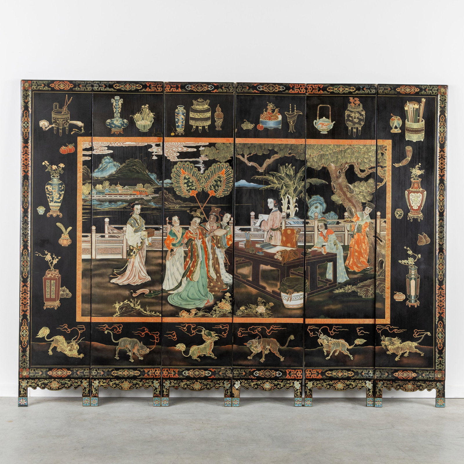 A Chinese six-part folding screen or room divider, lacquered wood, hand-painted decorations with Bir (1 of 10)