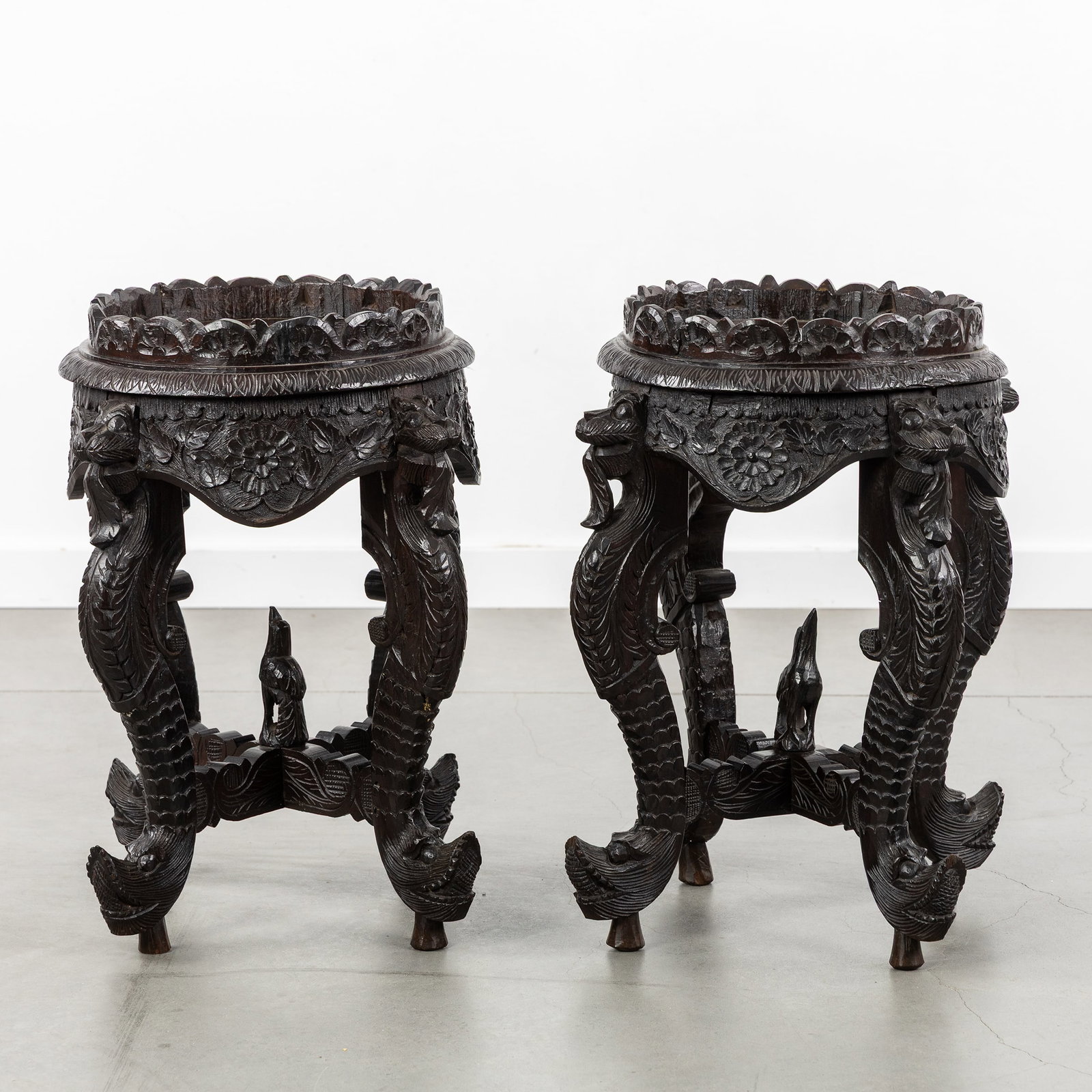 A Pair of Oriental hardwood stands or pedestals with sculptured dragons. (1 of 10)