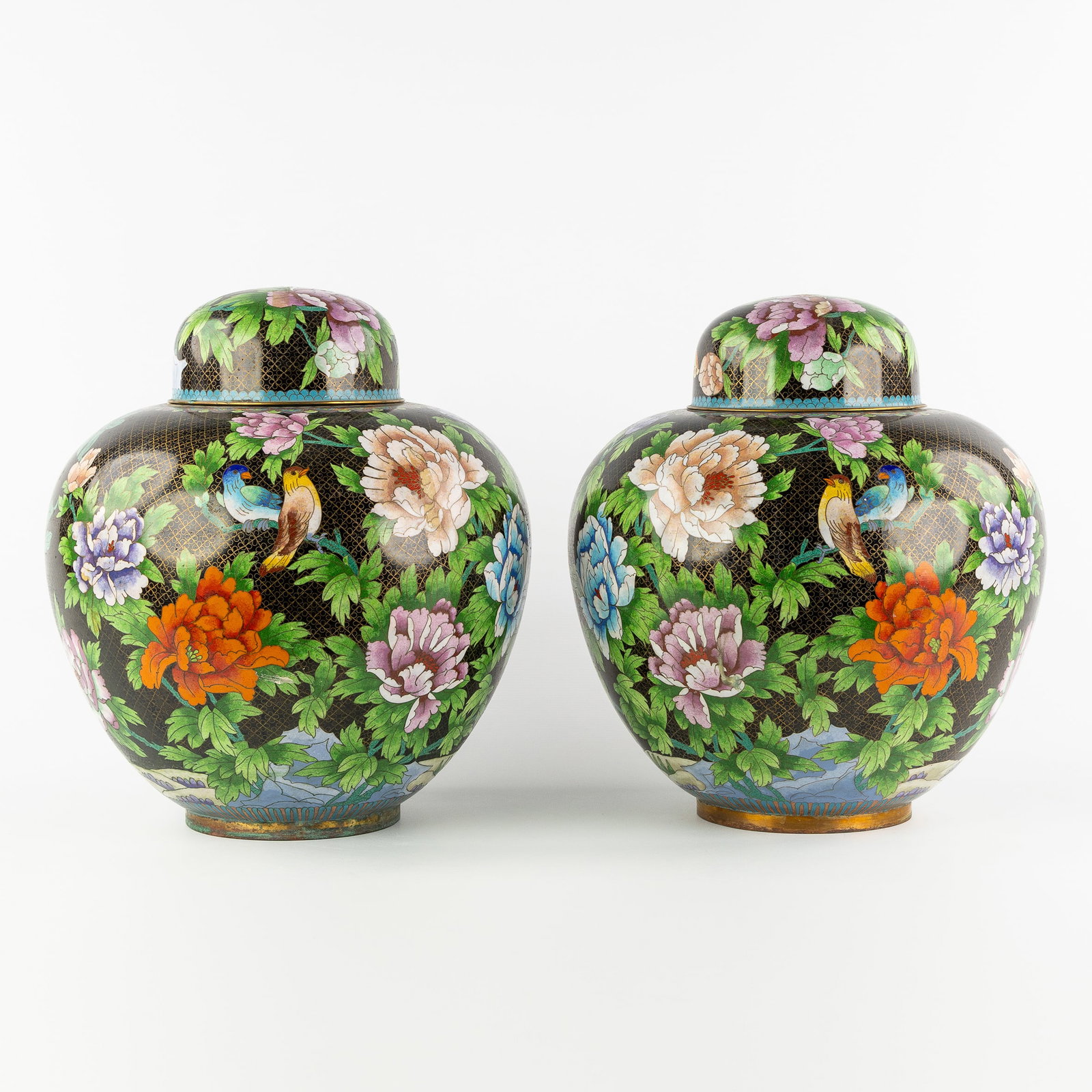 A Pair of large Oriental Cloisonné covered vases with floral and bird decoration, 20th C. (1 of 9)