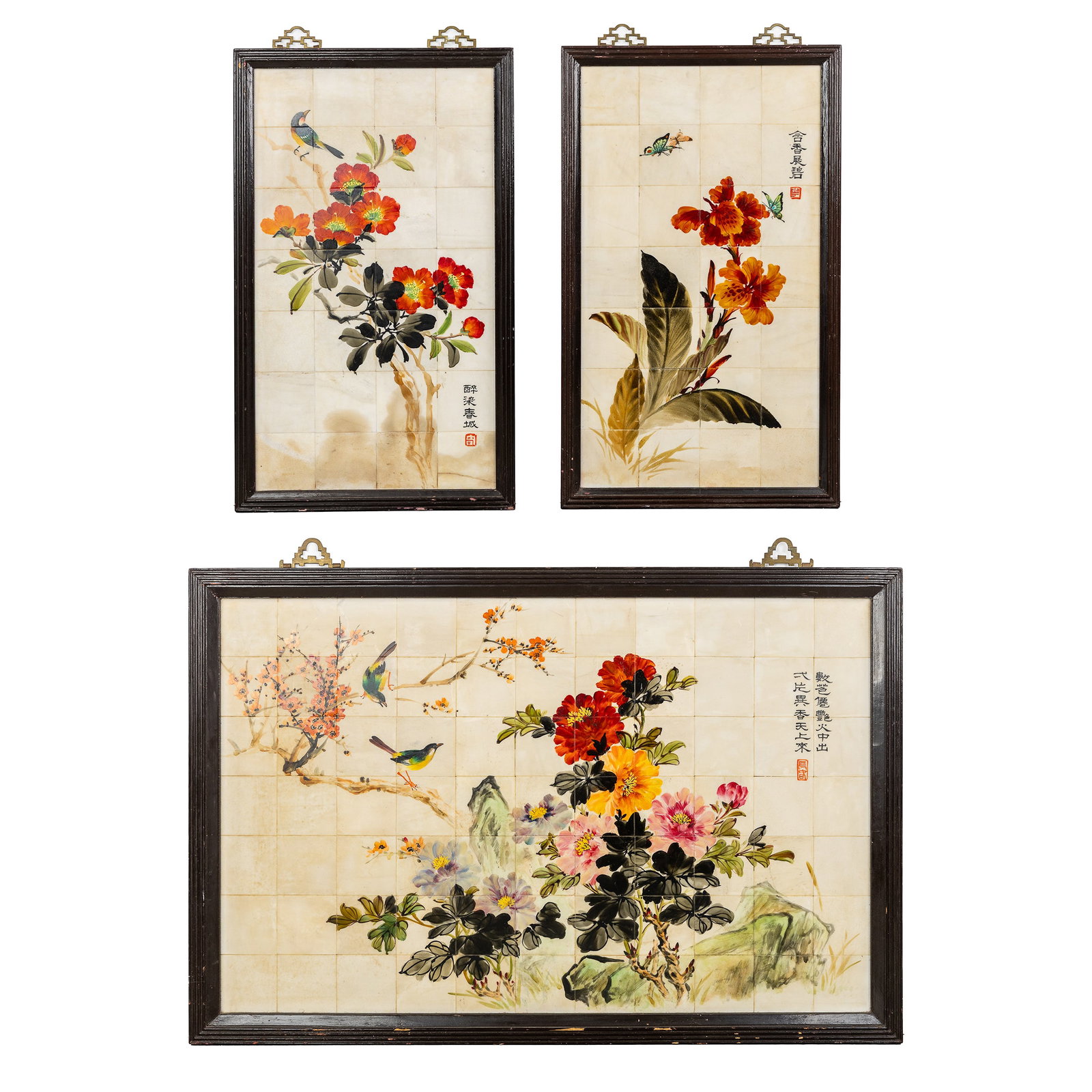 A Chinese tile triptych with hand-painted decorations of flowers, birds, and butterflies, finished w (1 of 11)