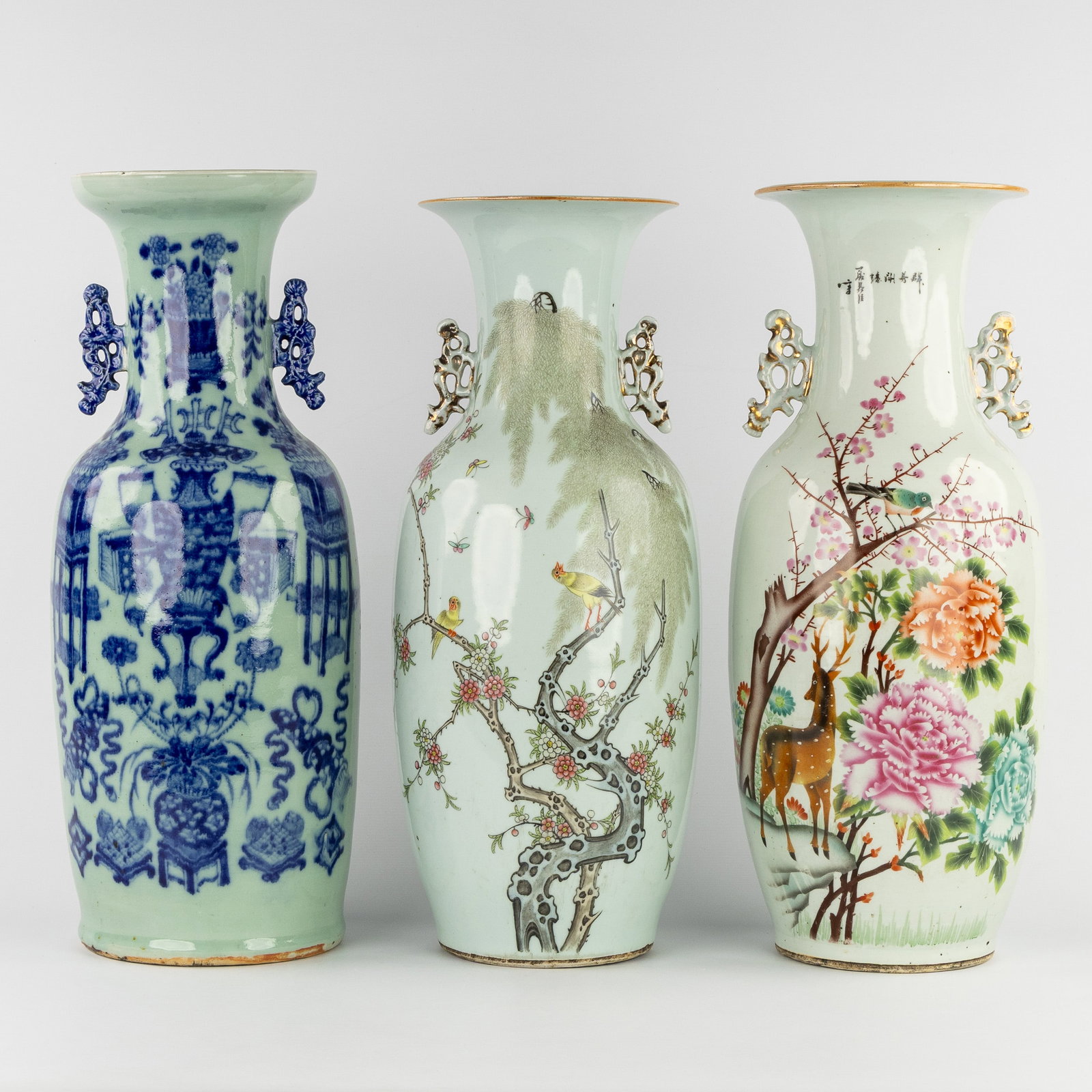 Three Chinese vases, Famille Rose and Celadon, 'Deer and Peonies', 'Blossoms and Birds' and 'Antiqui (1 of 6)