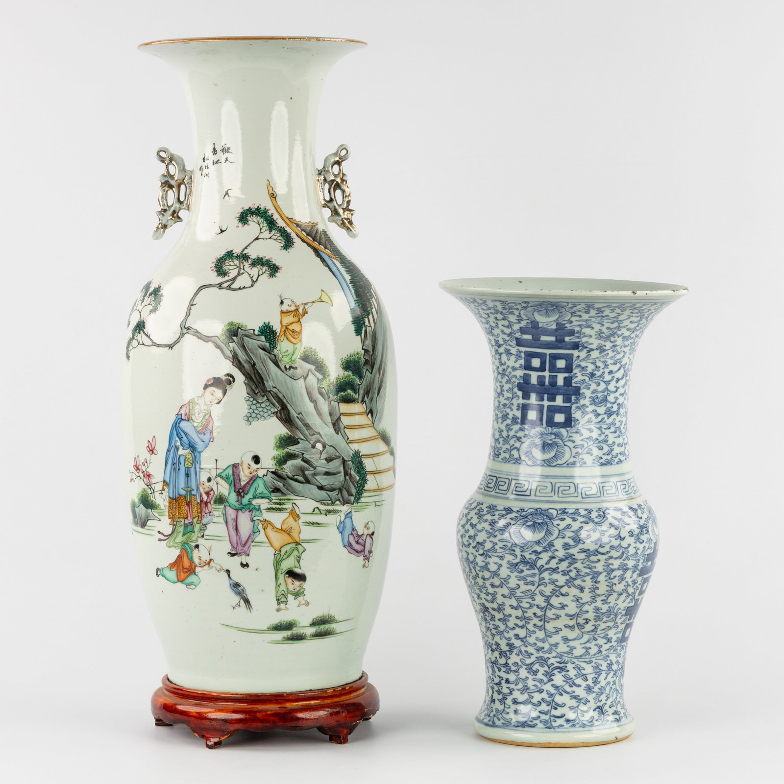 A Chinese Famille Rose vase, 'Playing Children', blue-and-white Gu vase featuring symbols of happine (1 of 6)