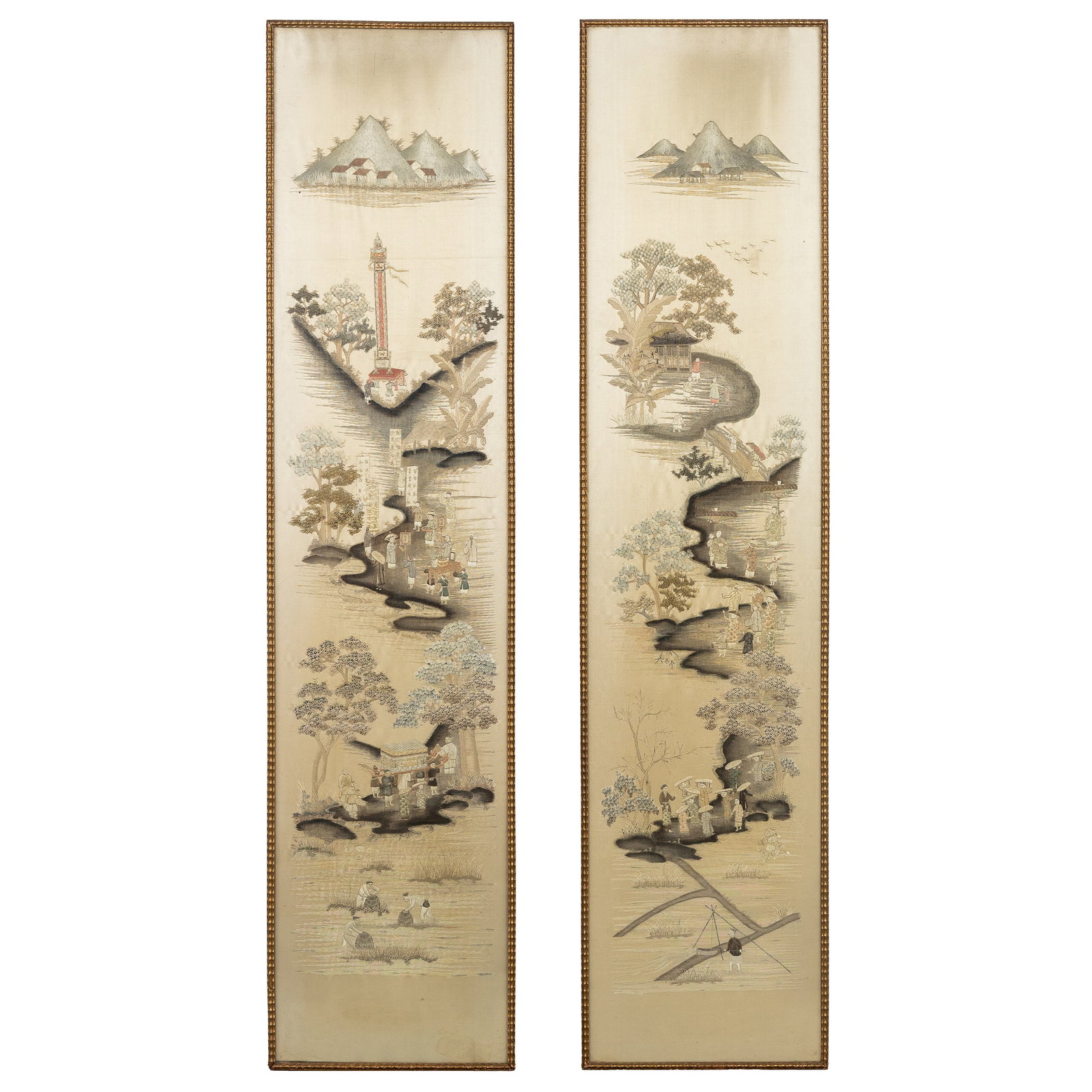 A pair of Chinese silk embroideries, landscape scenes with figures and a procession. Early 20th C.: A pair of Chinese silk embroideries, landscape scenes with figures and a procession. Early 20th century. Dimensions: (W:34 x H:144 cm) The absence of a condition report does not imply a perfect 