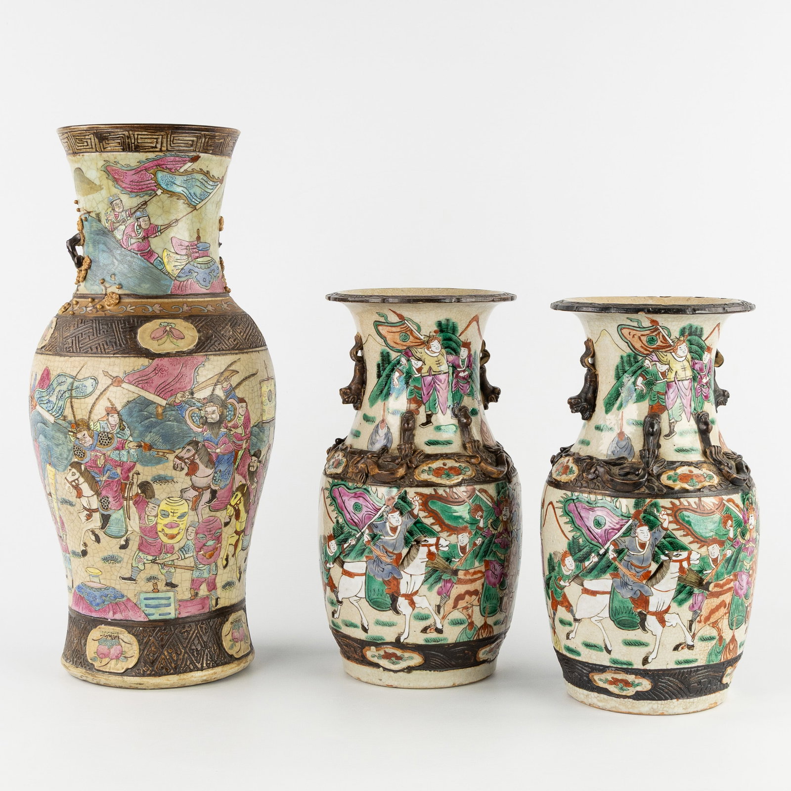 A Chinese Nanking vase and a pair of vases, Famille Rose, Double decor with Imperial scenes and Warr (1 of 11)