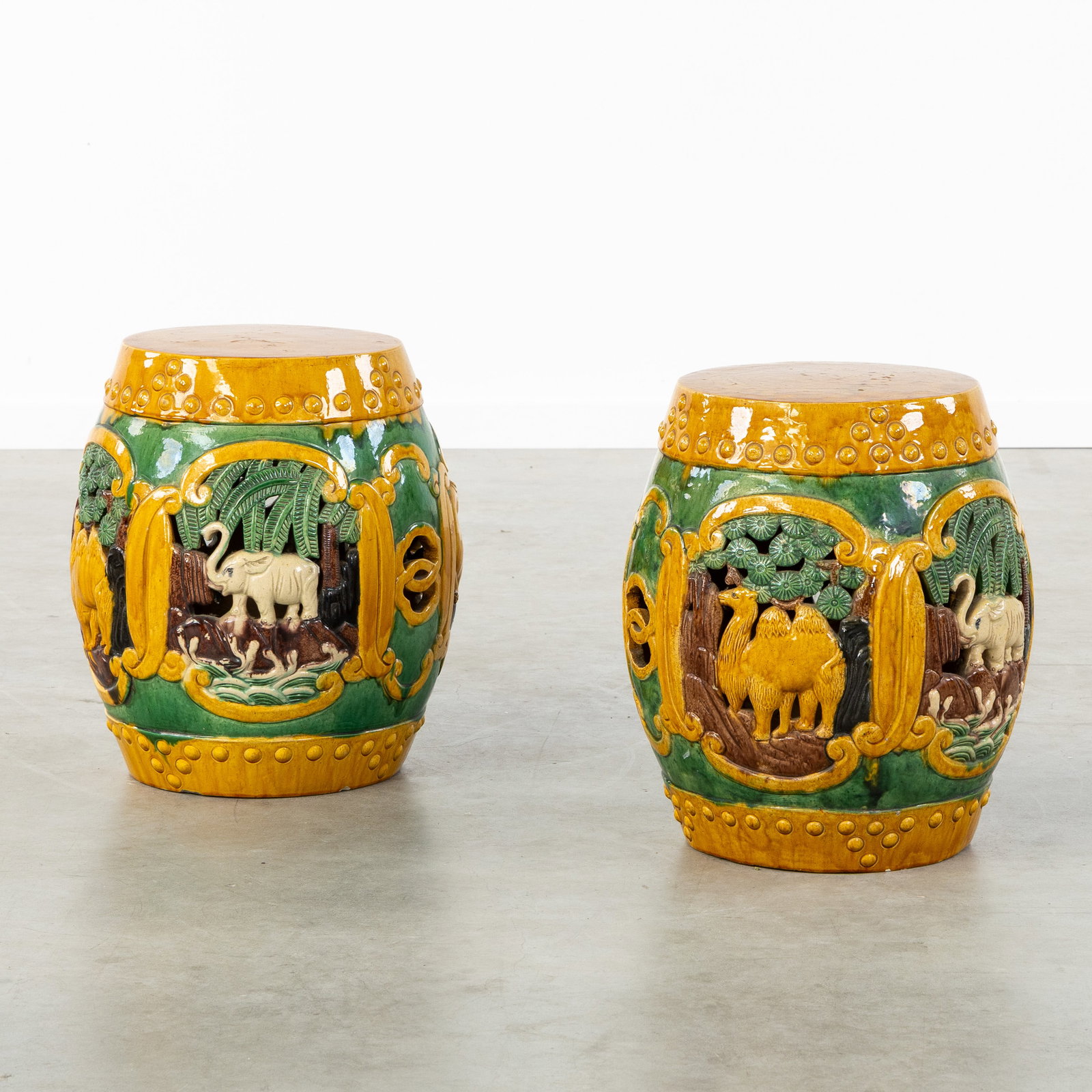 A Pair of Chinese garden chairs or 'Drum Stools' with Tiger, Foo Dog, Elephant, and Camel, Sancai gl (1 of 10)